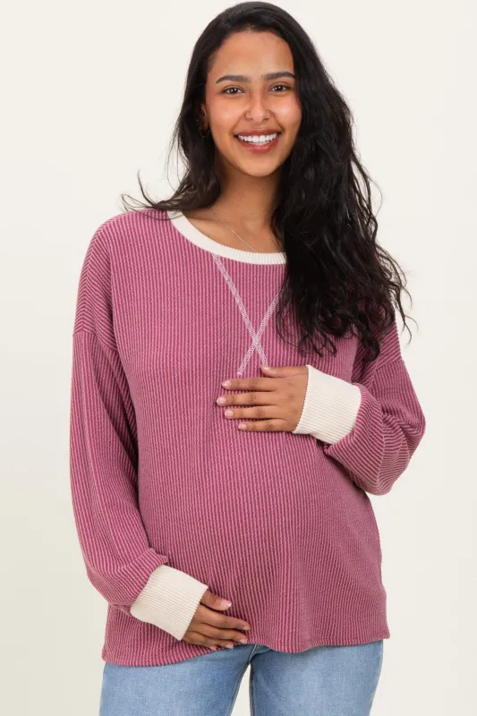 Burgundy Textured Rib Relaxed Fit Maternity Pullover Top sold by Pinkblush