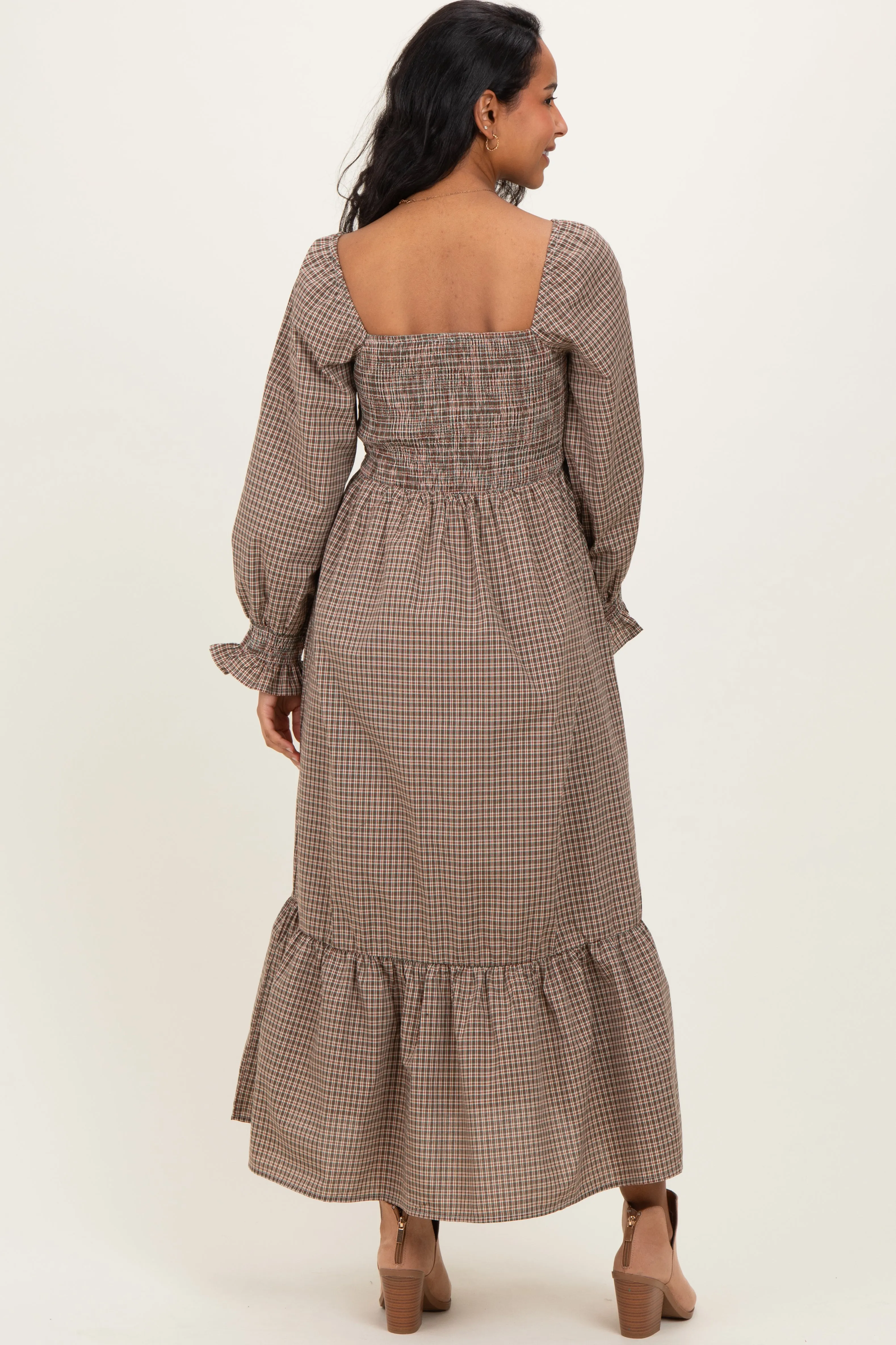 Chestnut Plaid Square Neck Long Sleeve Maternity Maxi Dress sold by Pinkblush product image thumbnail 4