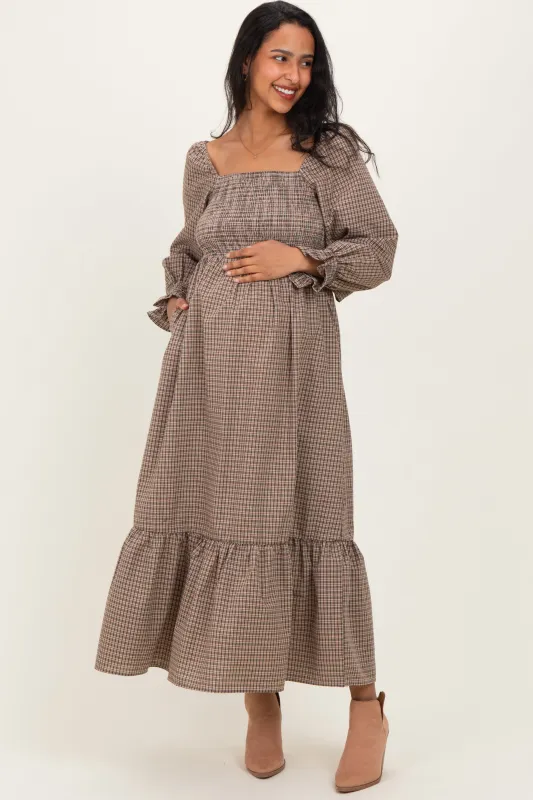 Chestnut Plaid Square Neck Long Sleeve Maternity Maxi Dress sold by Pinkblush