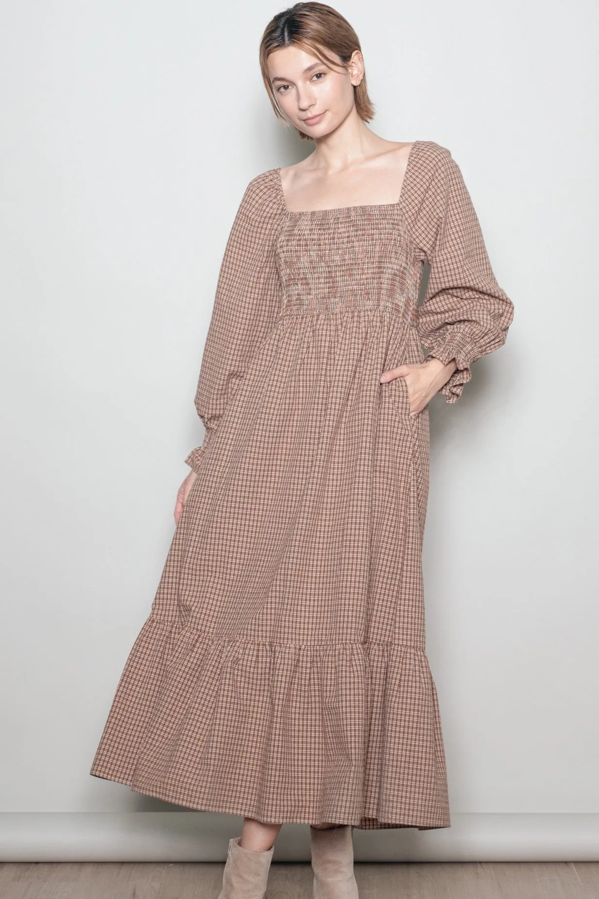 Chestnut Plaid Square Neck Long Sleeve Maternity Maxi Dress sold by Pinkblush product image thumbnail 5