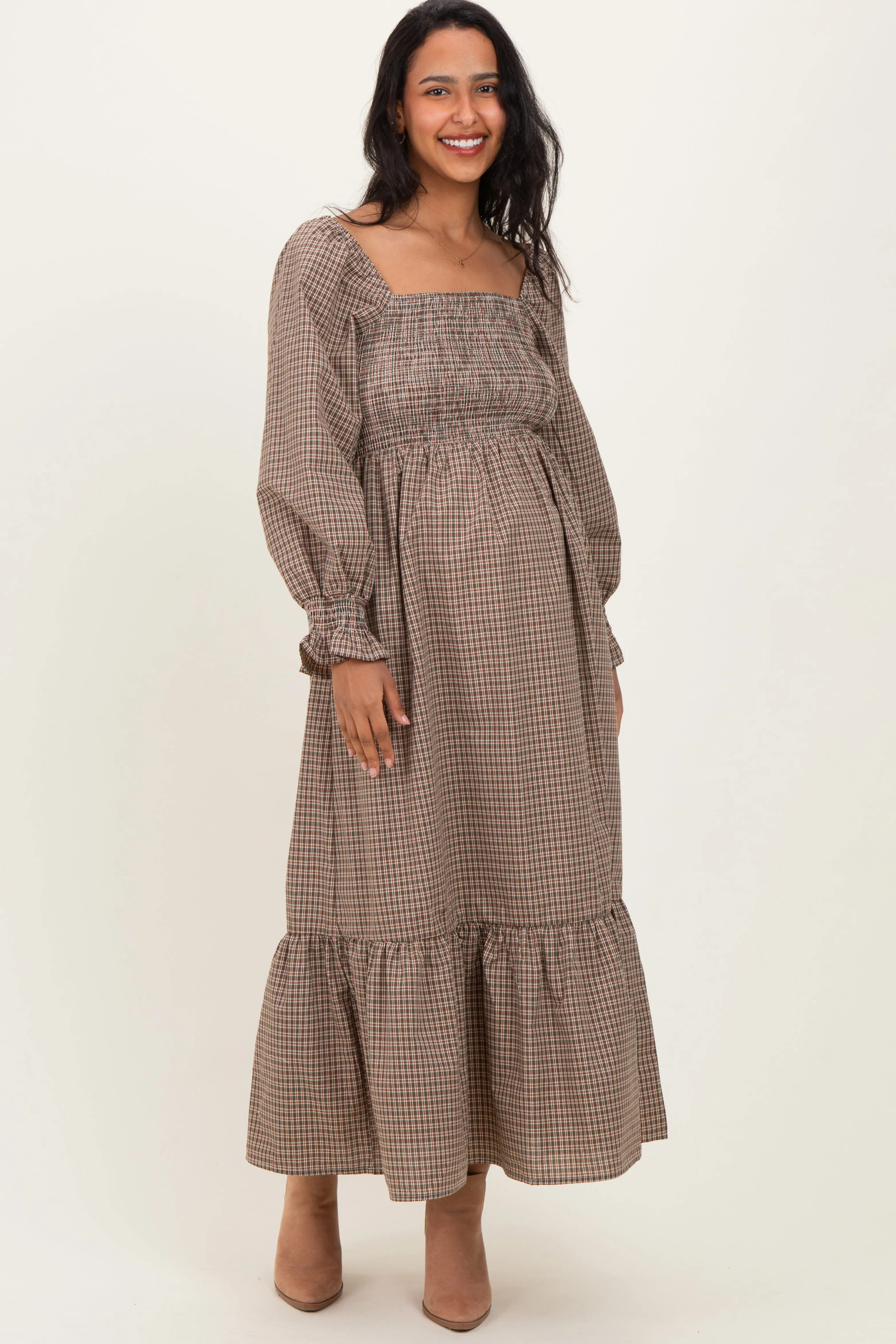 Chestnut Plaid Square Neck Long Sleeve Maternity Maxi Dress sold by Pinkblush product image thumbnail 2