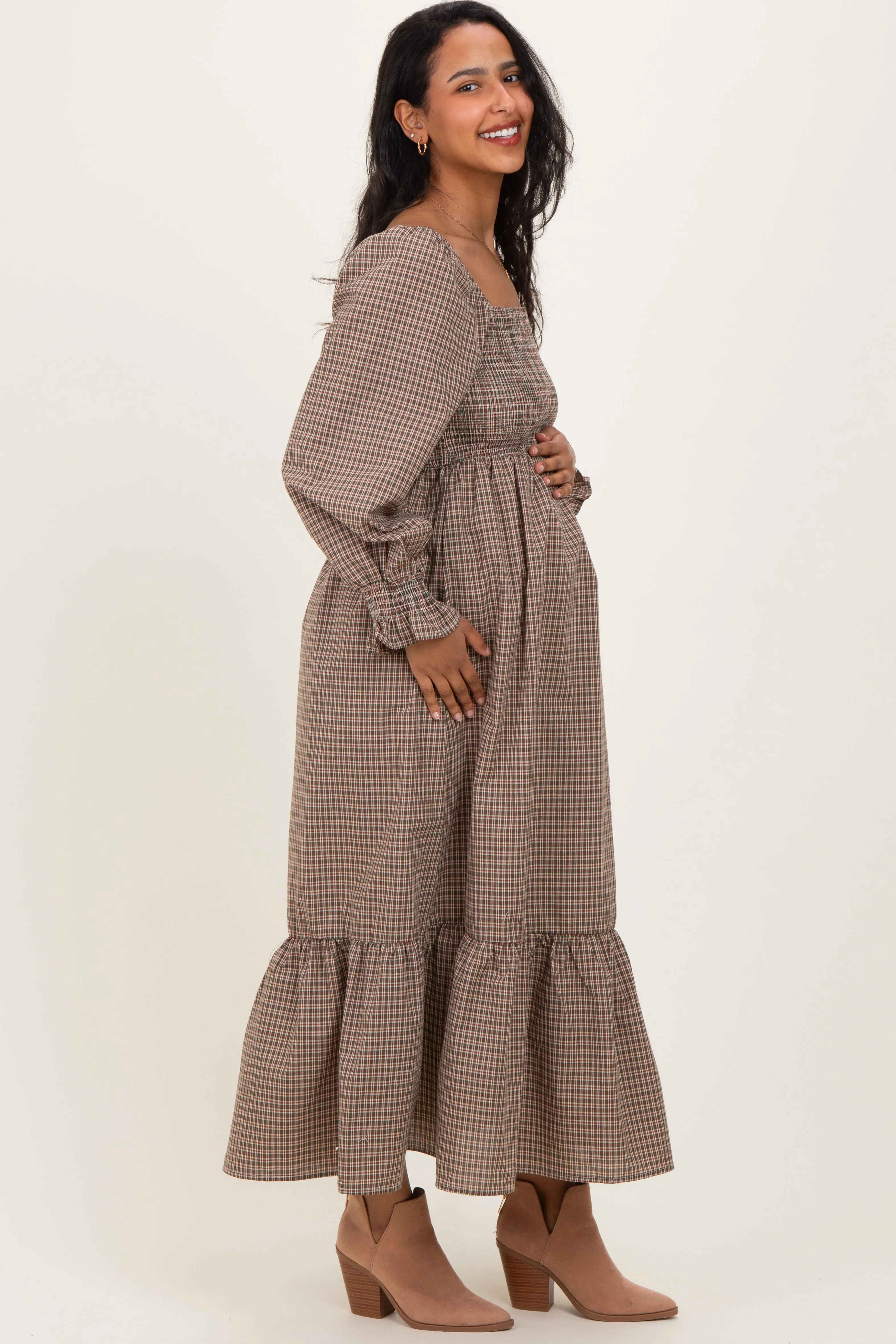 Chestnut Plaid Square Neck Long Sleeve Maternity Maxi Dress sold by Pinkblush product image thumbnail 3