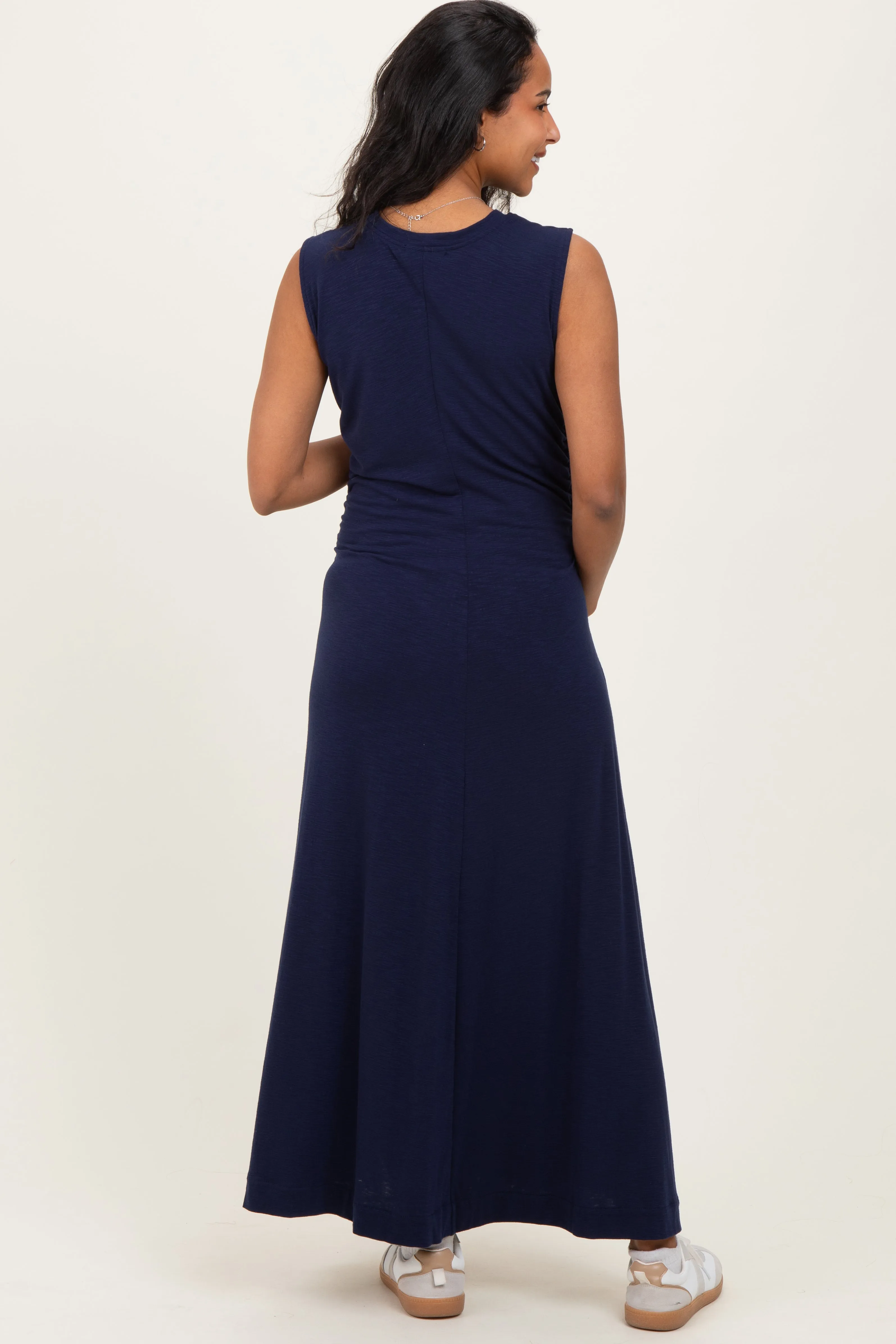 Navy Side Slit Ruched Sleeveless Maternity Midi Dress sold by Pinkblush product image thumbnail 4