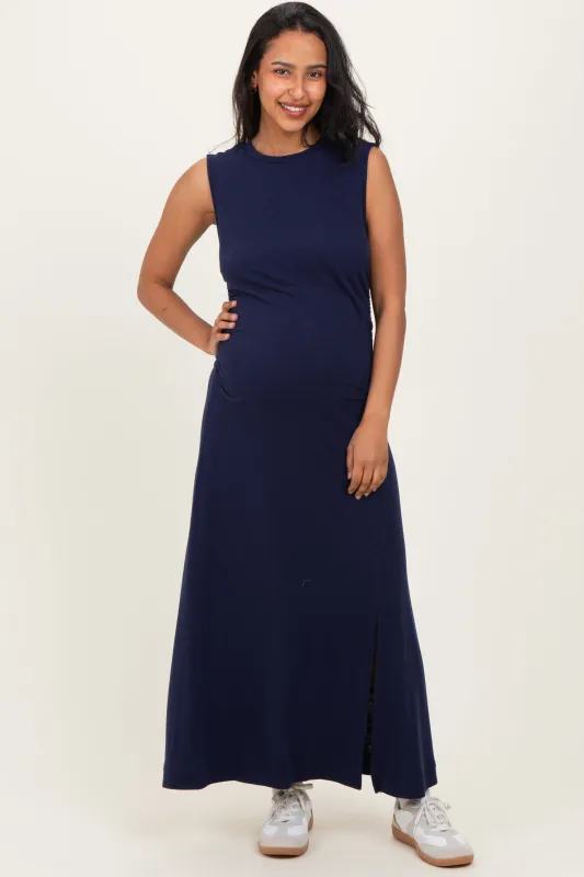 Navy Side Slit Ruched Sleeveless Maternity Midi Dress sold by Pinkblush