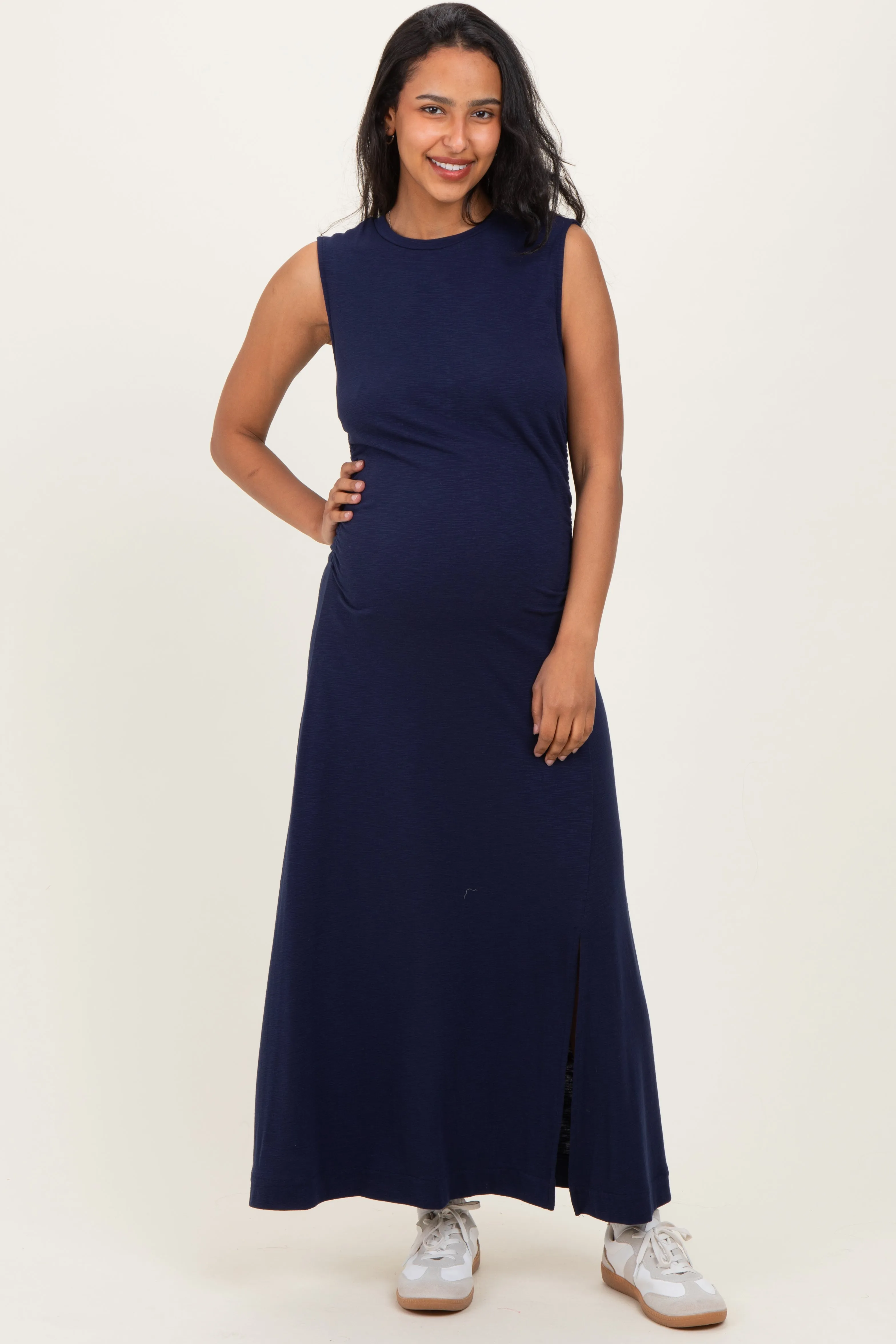 Navy Side Slit Ruched Sleeveless Maternity Midi Dress sold by Pinkblush