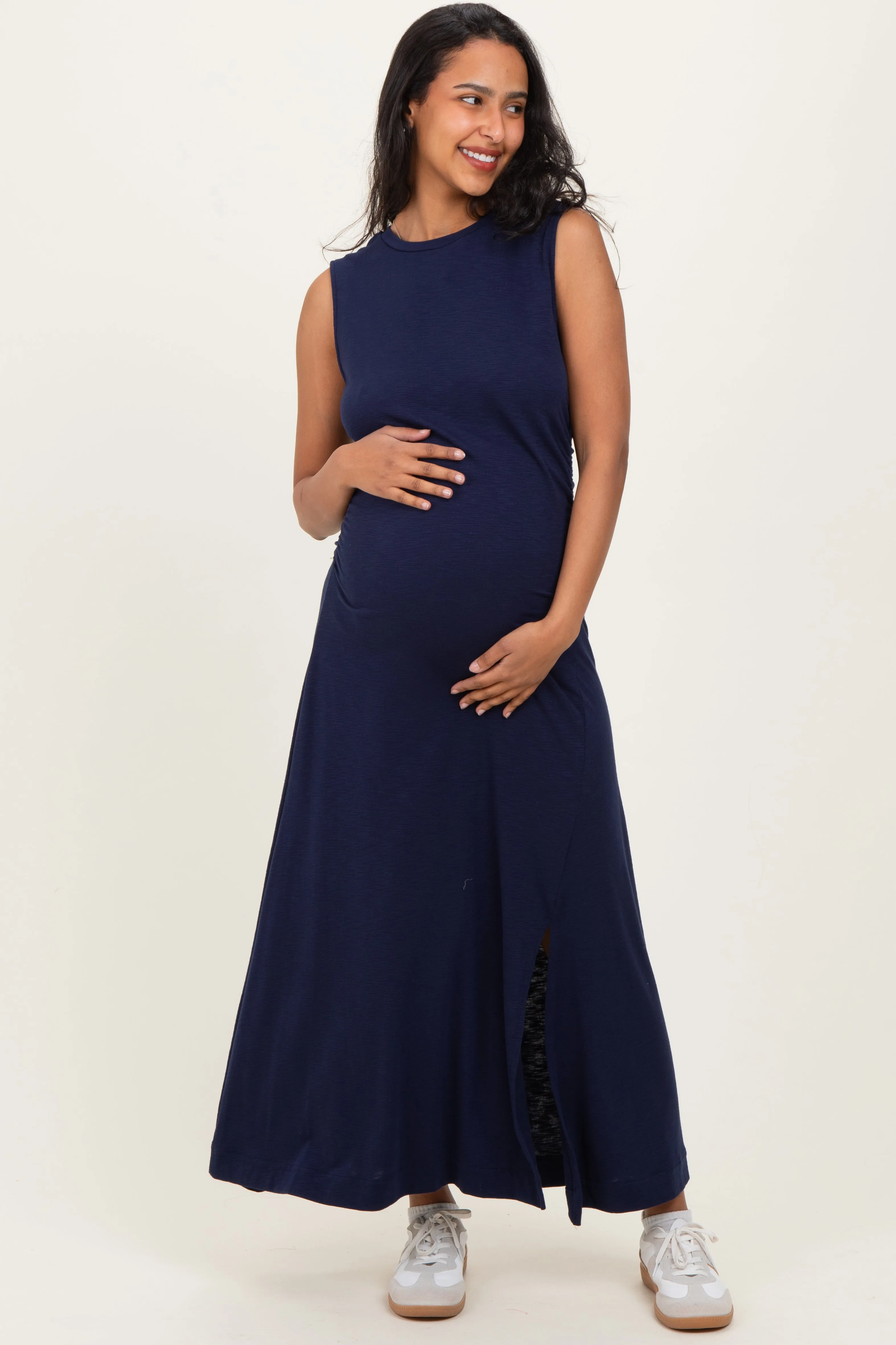 Navy Side Slit Ruched Sleeveless Maternity Midi Dress sold by Pinkblush product image thumbnail 2