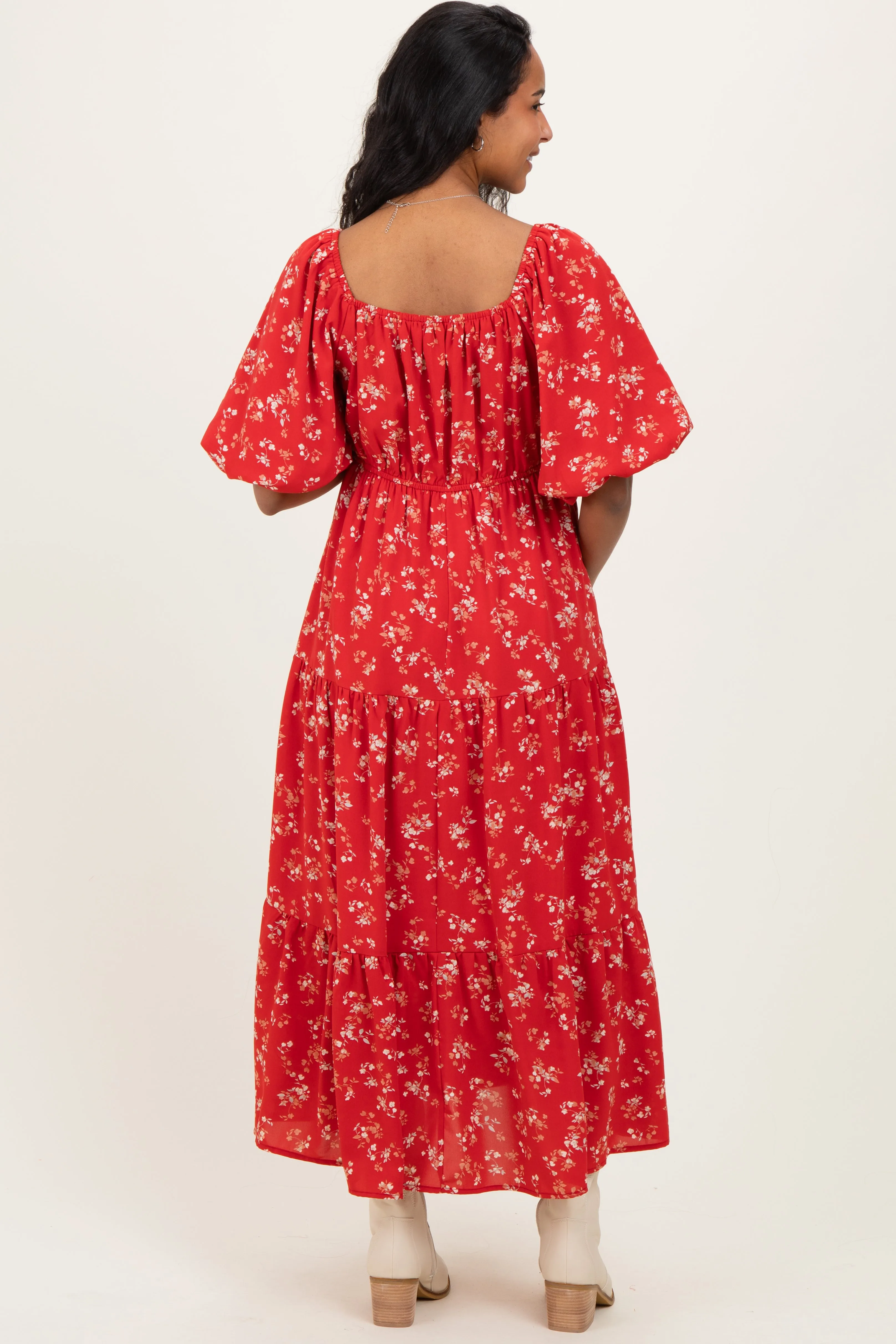 Red Floral Tiered Puff Sleeve Maternity Midi Dress sold by Pinkblush product image thumbnail 4