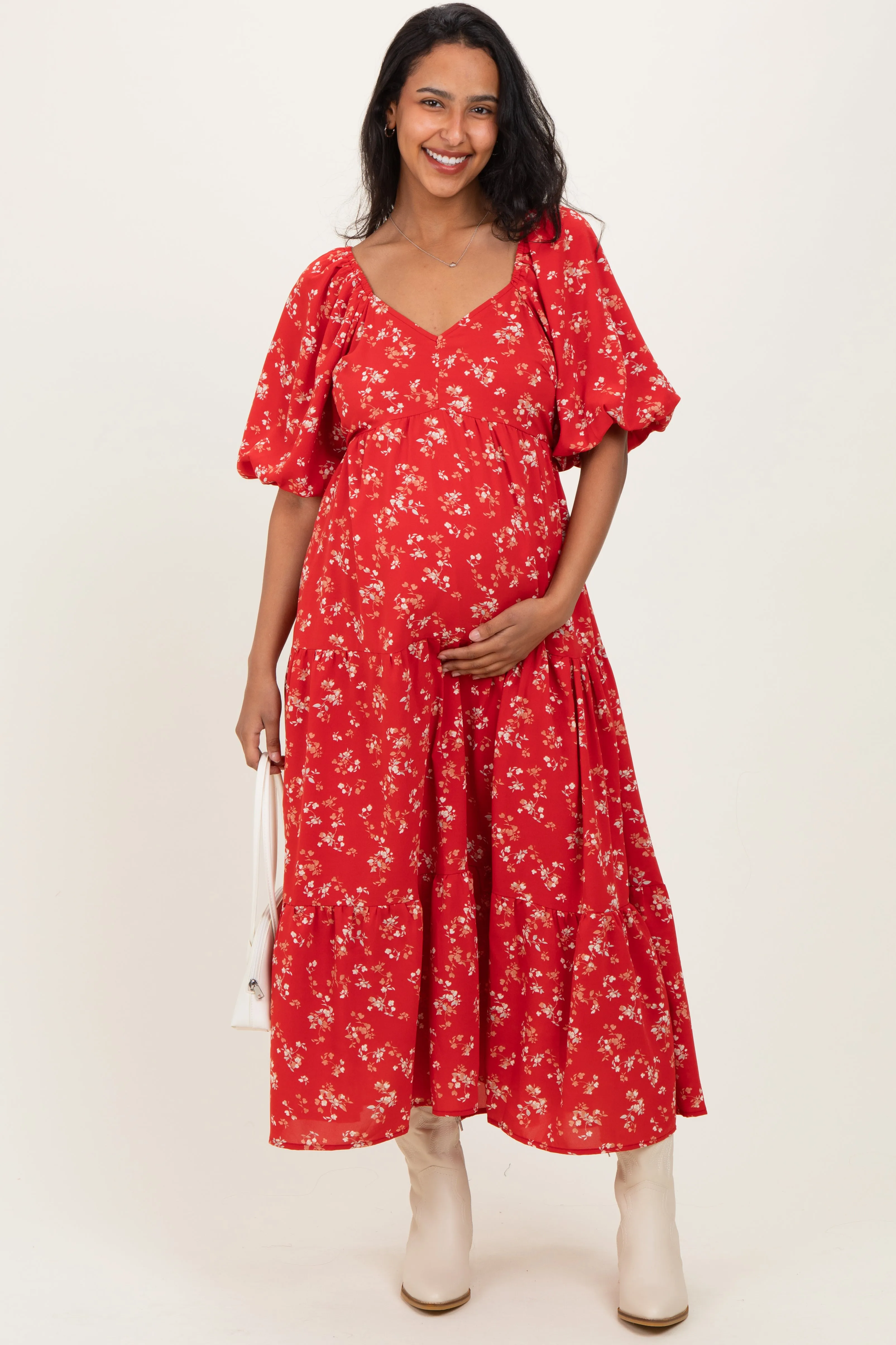 Red Floral Tiered Puff Sleeve Maternity Midi Dress sold by Pinkblush