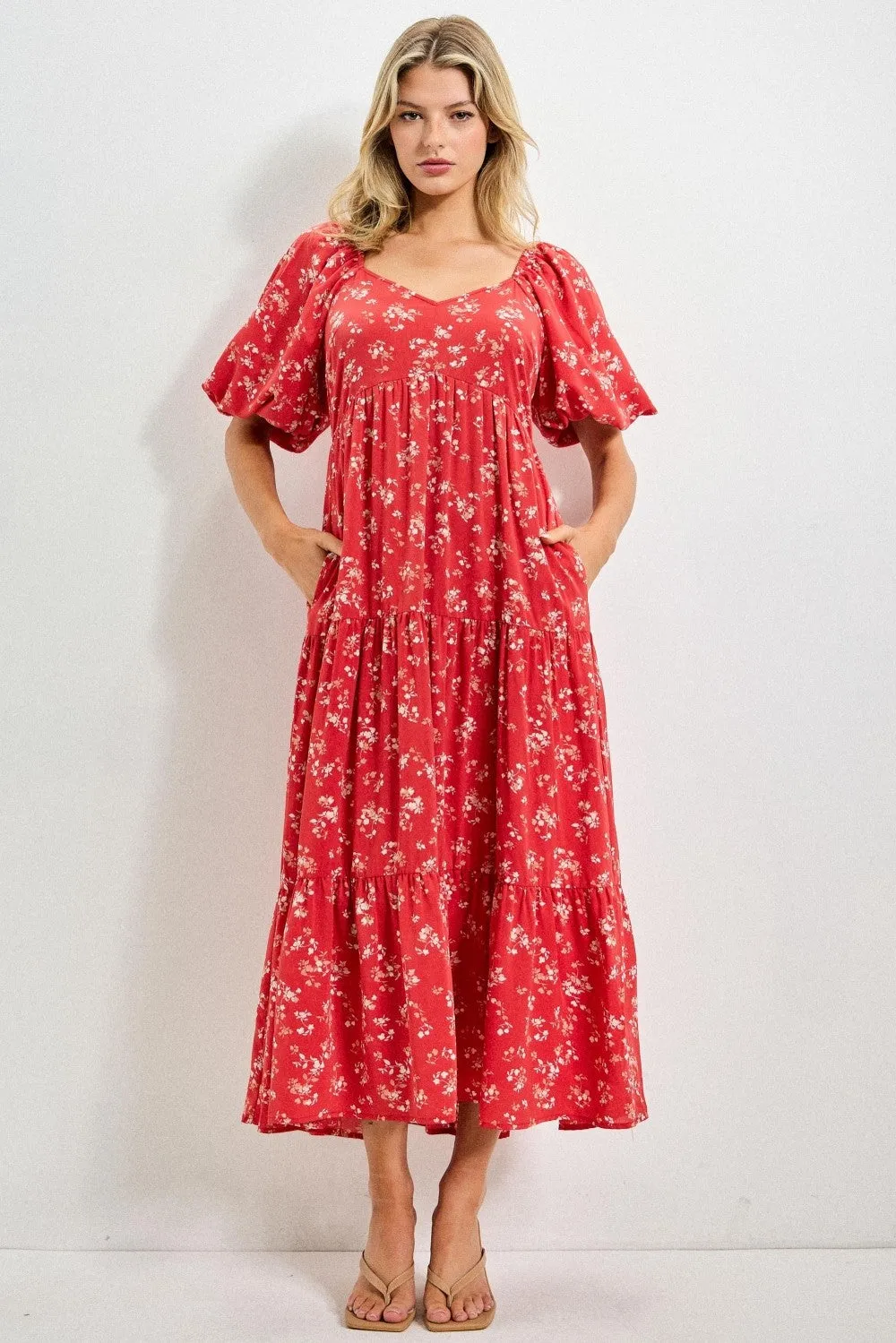 Red Floral Tiered Puff Sleeve Maternity Midi Dress sold by Pinkblush product image thumbnail 5