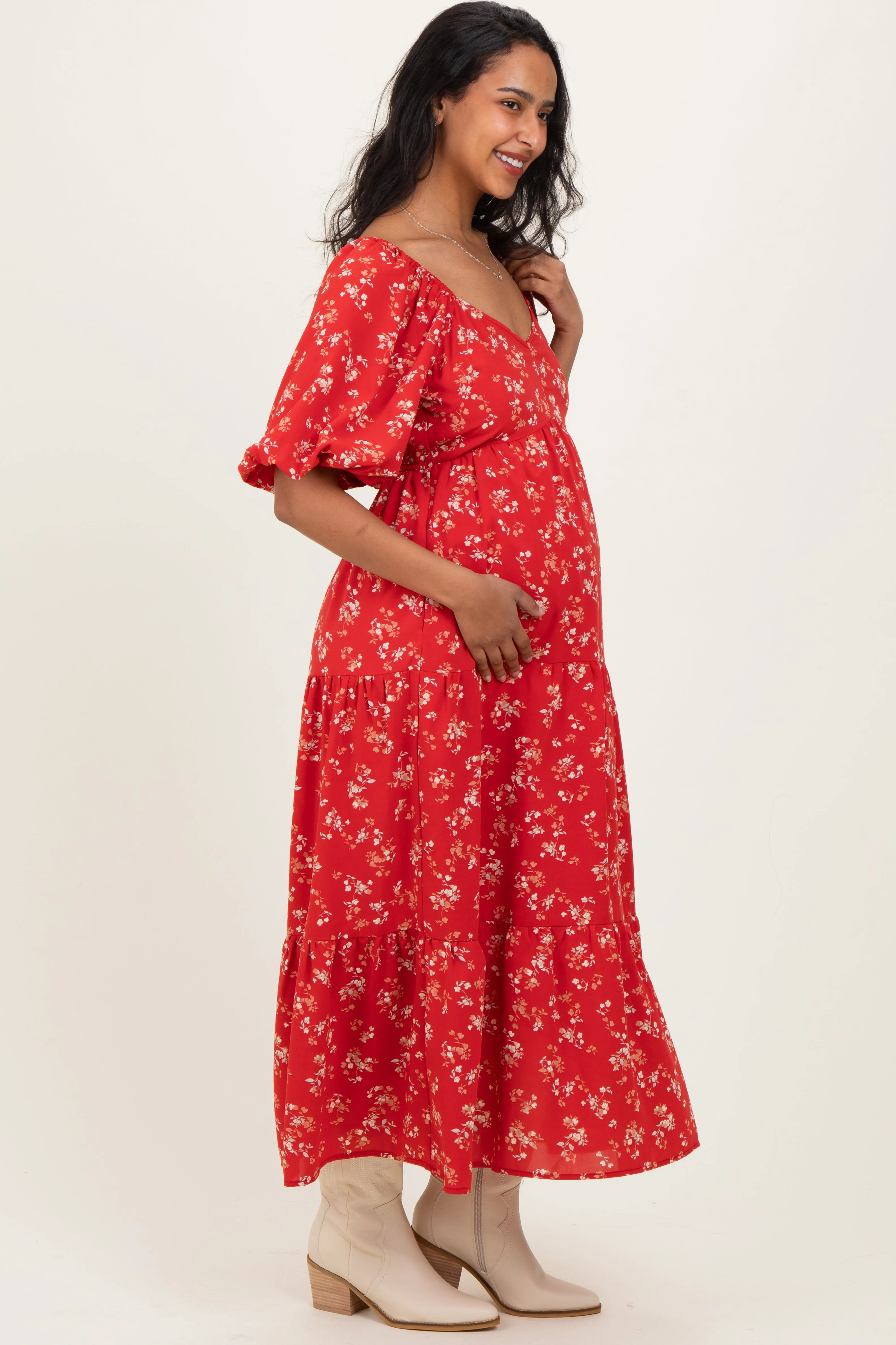 Red Floral Tiered Puff Sleeve Maternity Midi Dress sold by Pinkblush product image thumbnail 3