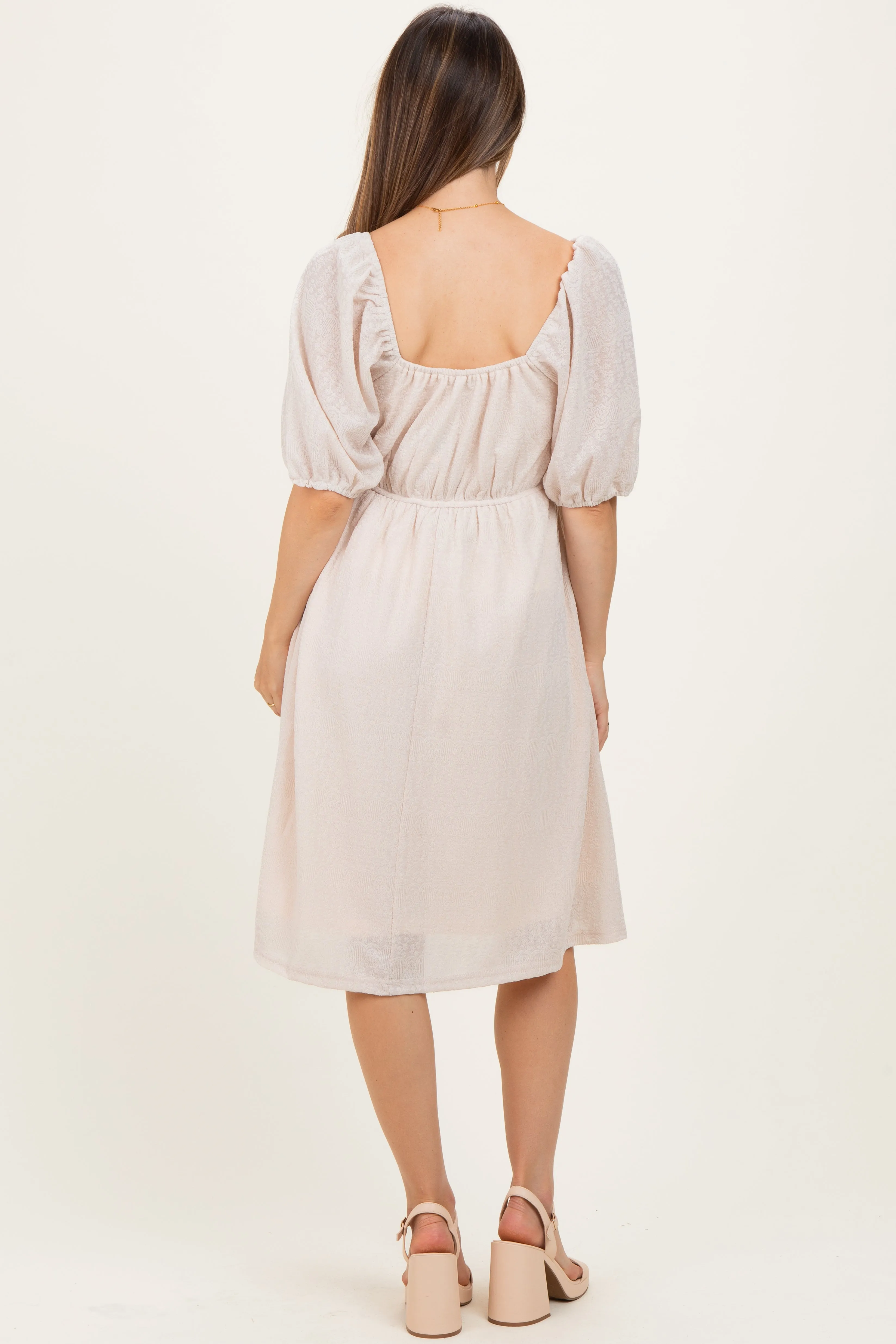 Beige Lace Jacquard Puff Sleeve Maternity Dress sold by Pinkblush product image thumbnail 4