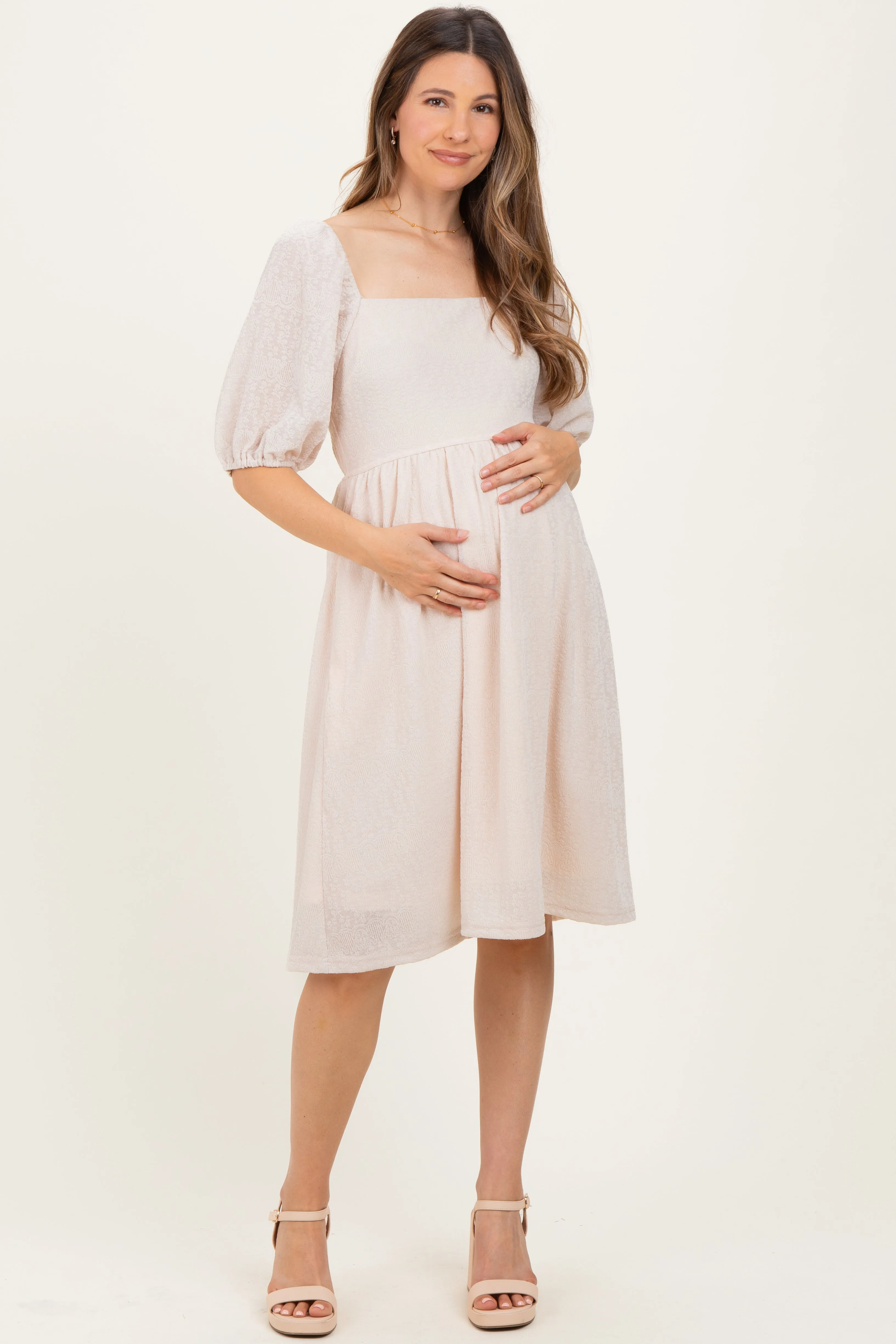 Beige Lace Jacquard Puff Sleeve Maternity Dress sold by Pinkblush product image thumbnail 2