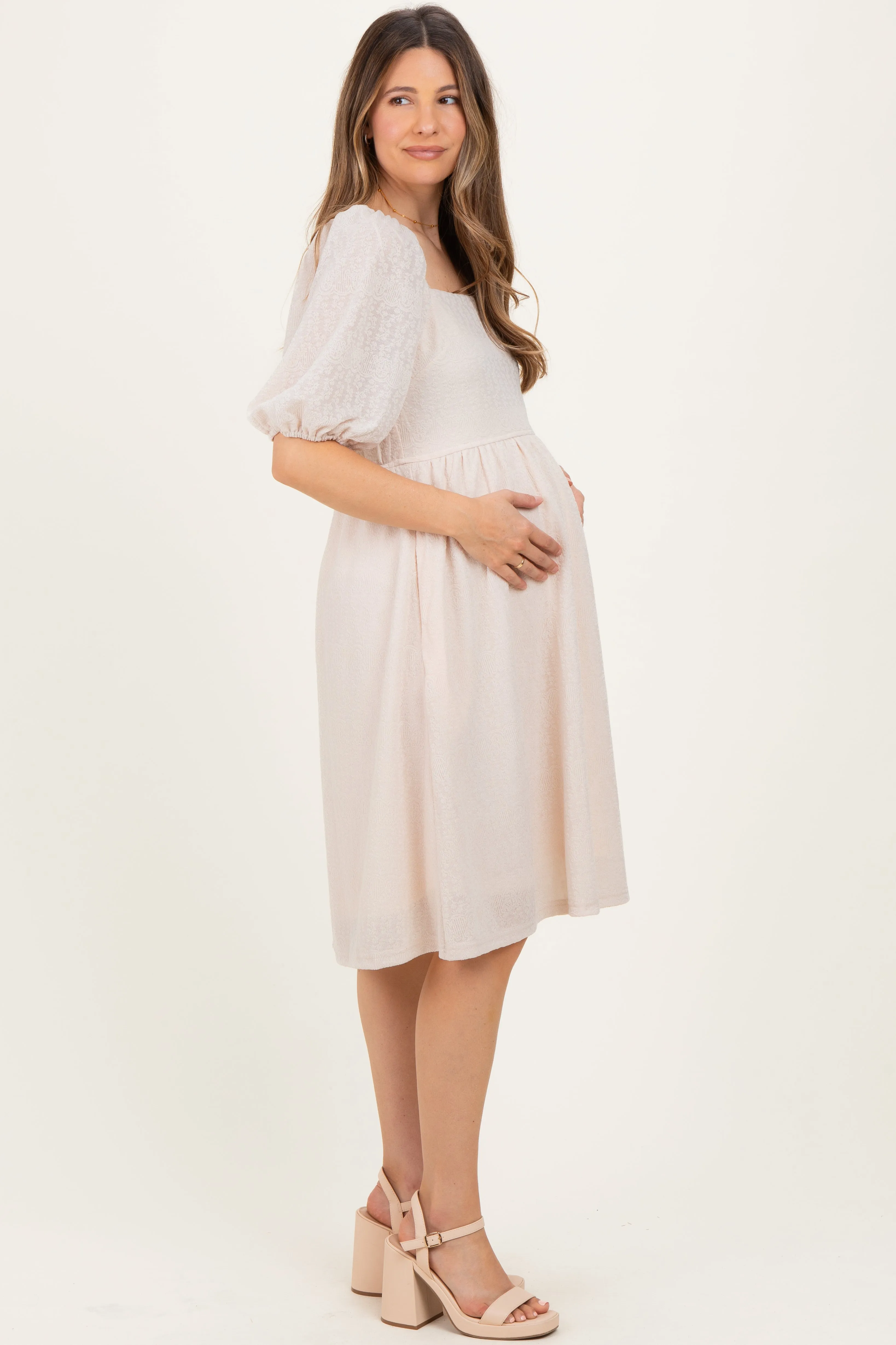 Beige Lace Jacquard Puff Sleeve Maternity Dress sold by Pinkblush product image thumbnail 3