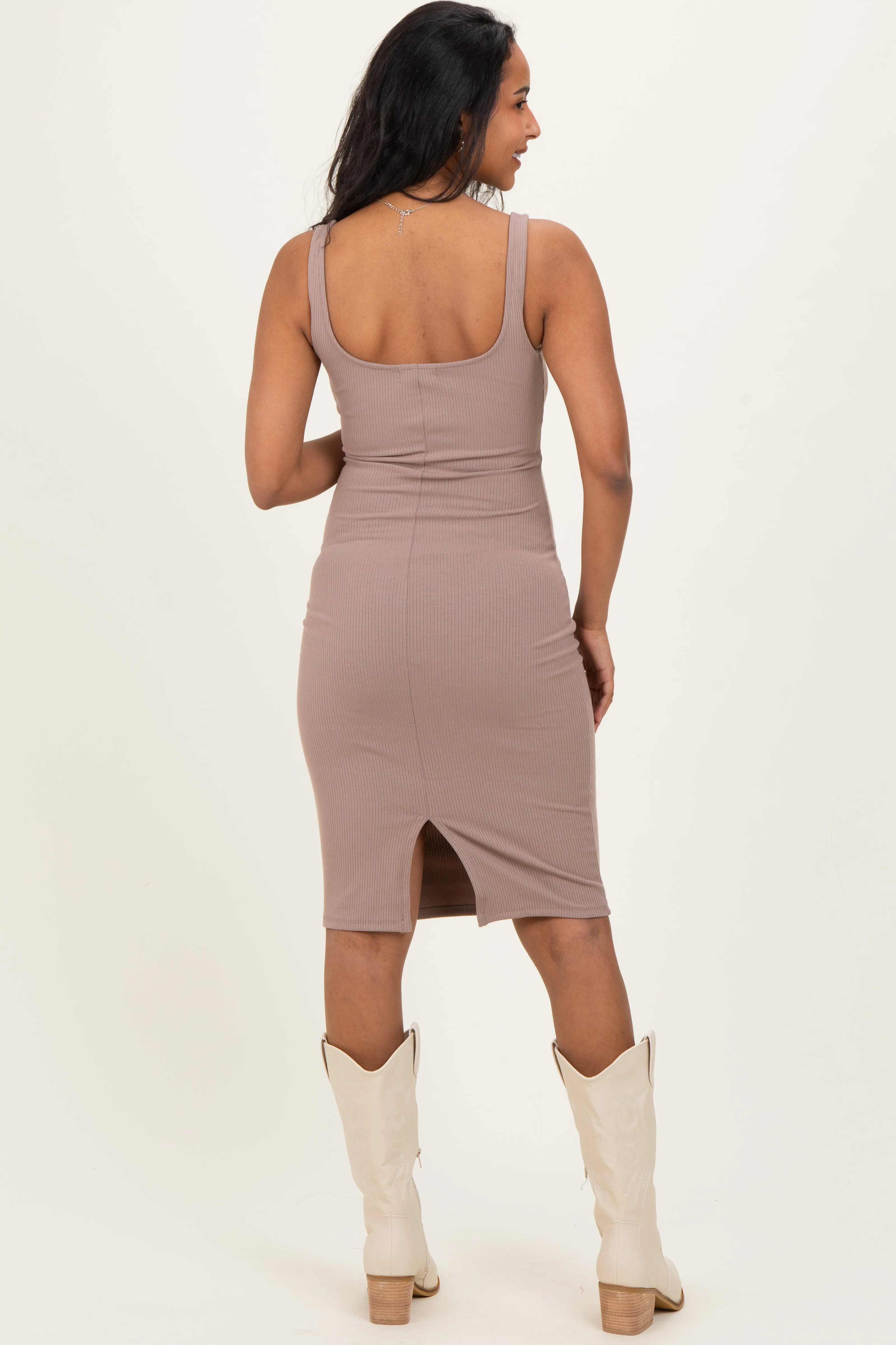 Mocha Ribbed Square Neck Maternity Tank Dress sold by Pinkblush product image thumbnail 4
