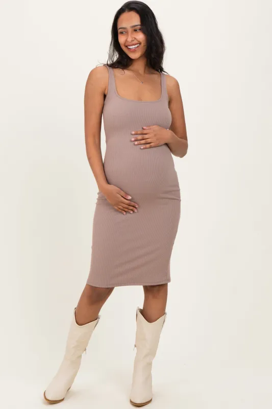 Mocha Ribbed Square Neck Maternity Tank Dress sold by Pinkblush