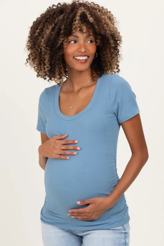 Dusty Blue Ribbed Ruched Short Sleeve Maternity Top sold by Pinkblush