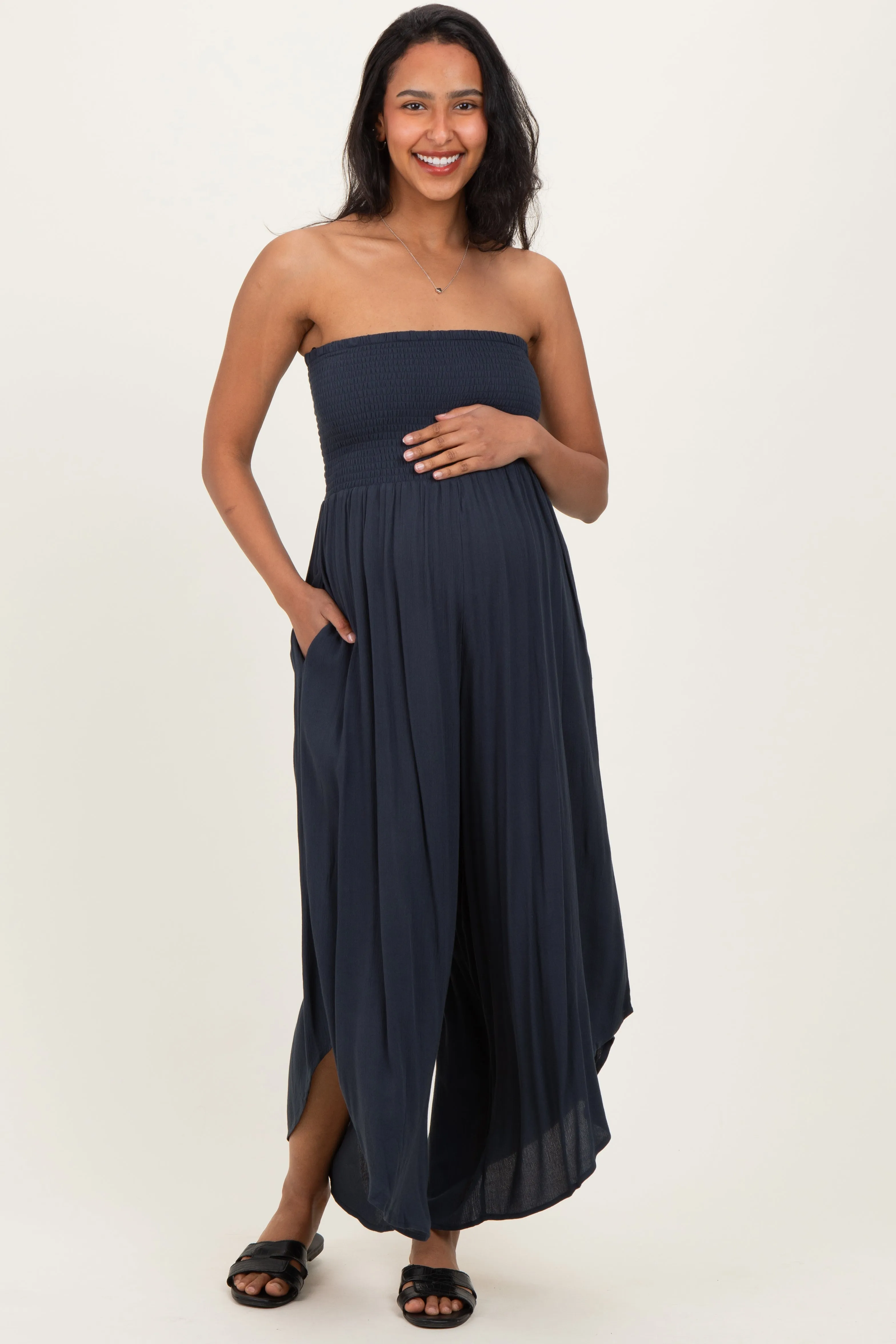 Navy Smocked Strapless Tulip Leg Maternity Jumpsuit sold by Pinkblush product image thumbnail 2