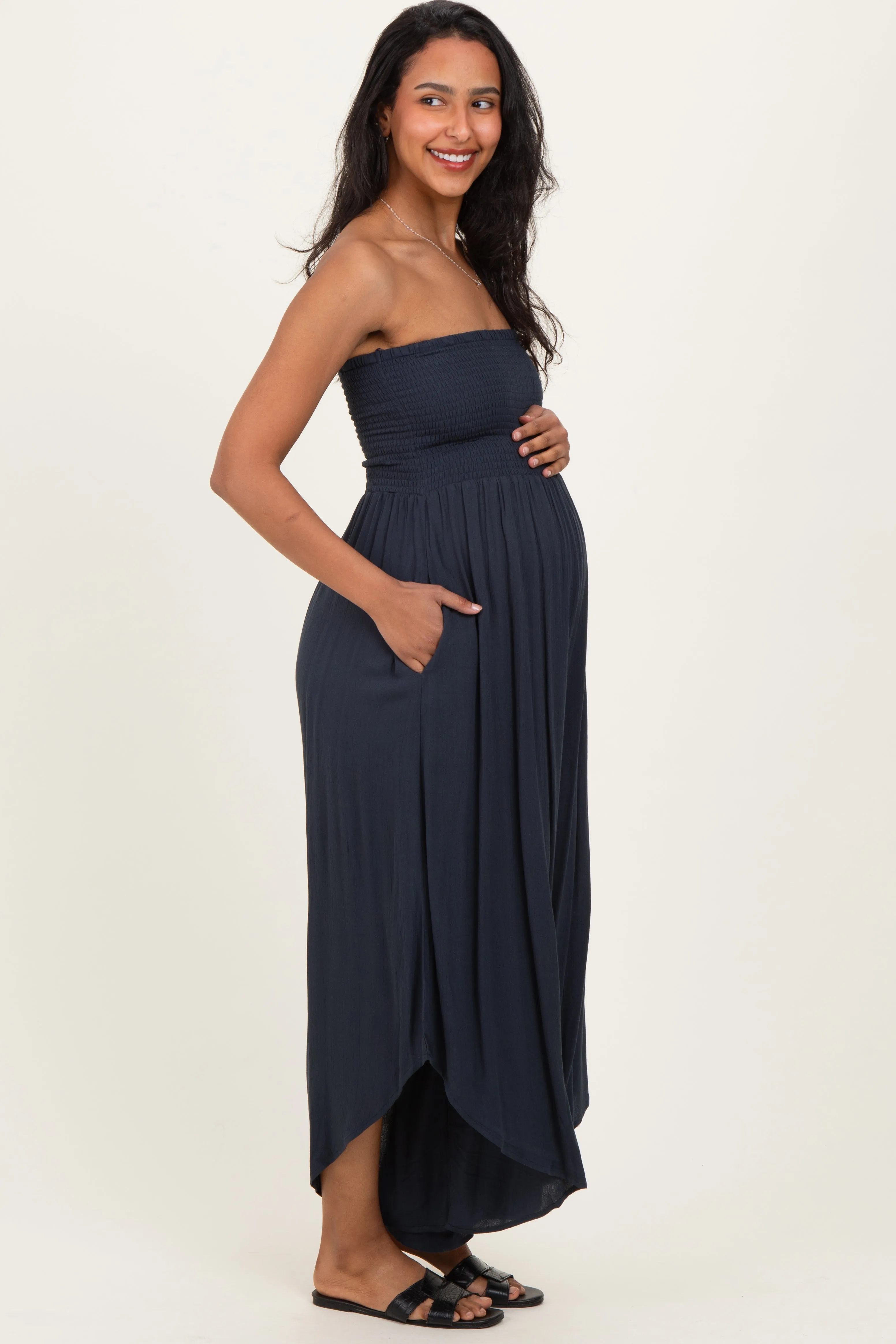Navy Smocked Strapless Tulip Leg Maternity Jumpsuit sold by Pinkblush product image thumbnail 3