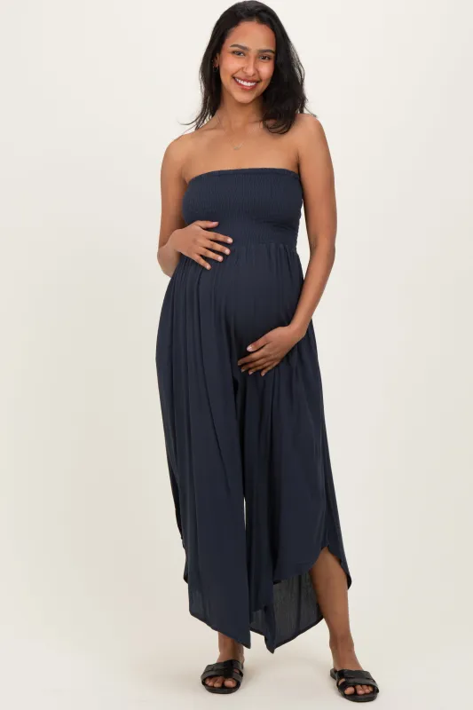 Navy Smocked Strapless Tulip Leg Maternity Jumpsuit sold by Pinkblush