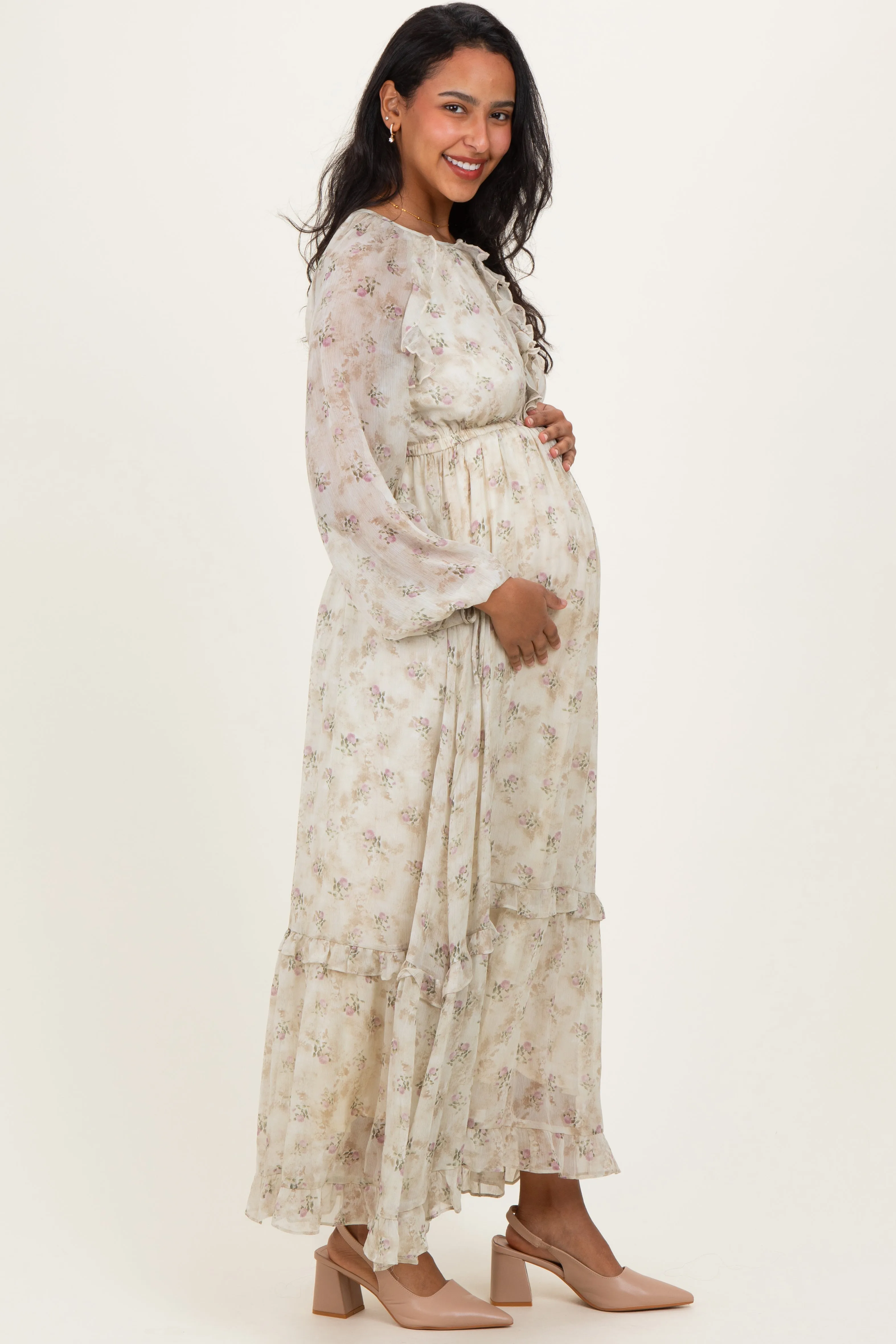 Cream Floral Chiffon Ruffle Detail Maternity Maxi Dress sold by Pinkblush product image thumbnail 2