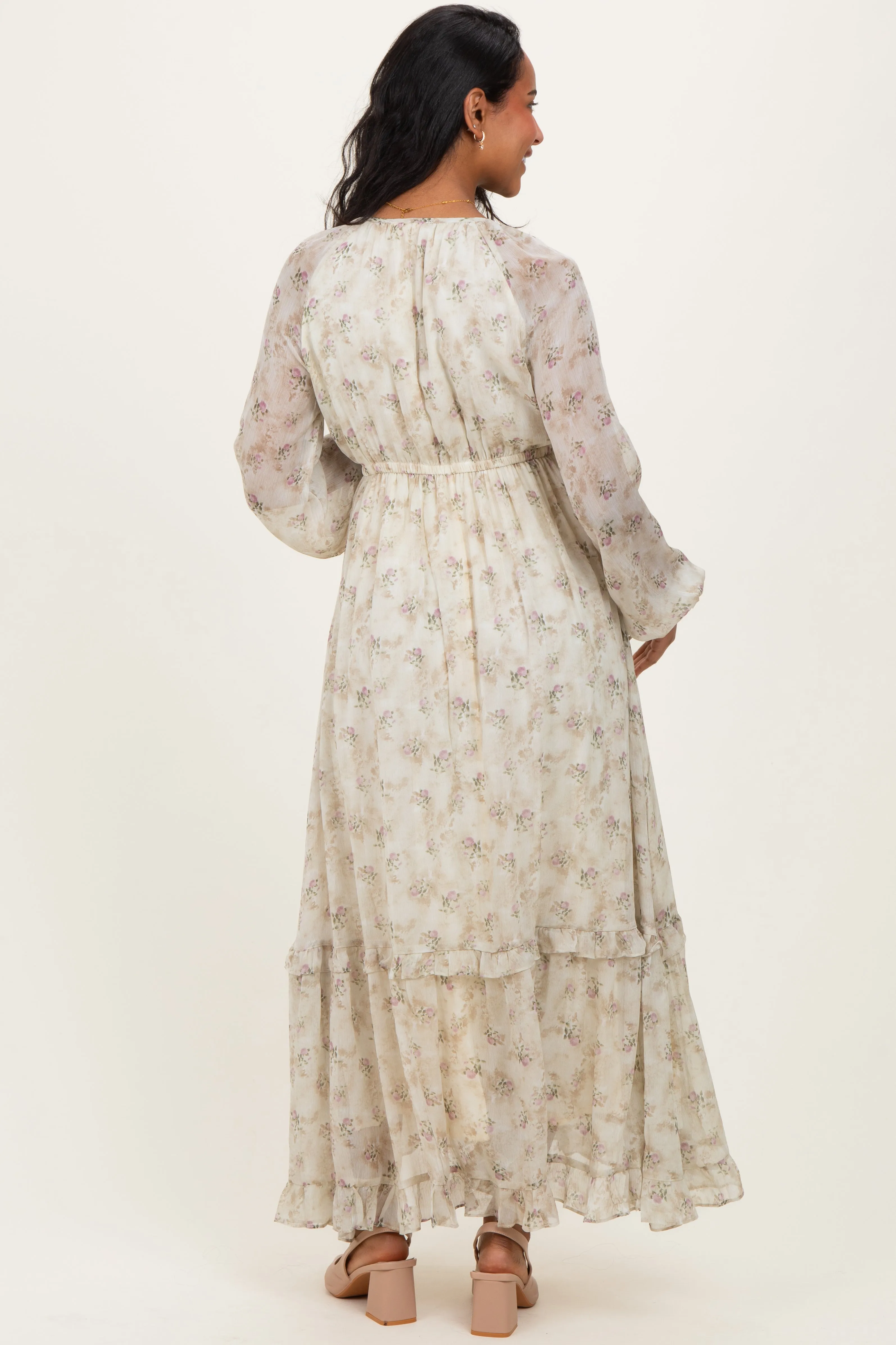 Cream Floral Chiffon Ruffle Detail Maternity Maxi Dress sold by Pinkblush product image thumbnail 3