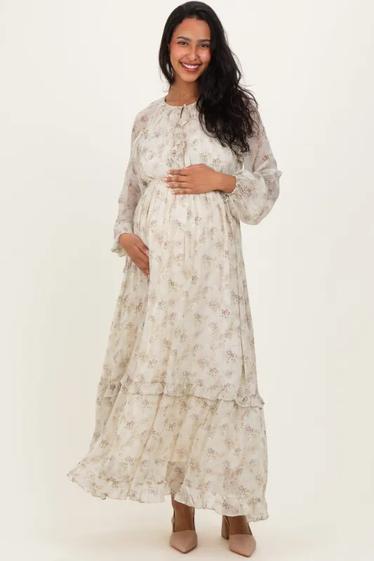 Cream Floral Chiffon Ruffle Detail Maternity Maxi Dress sold by Pinkblush