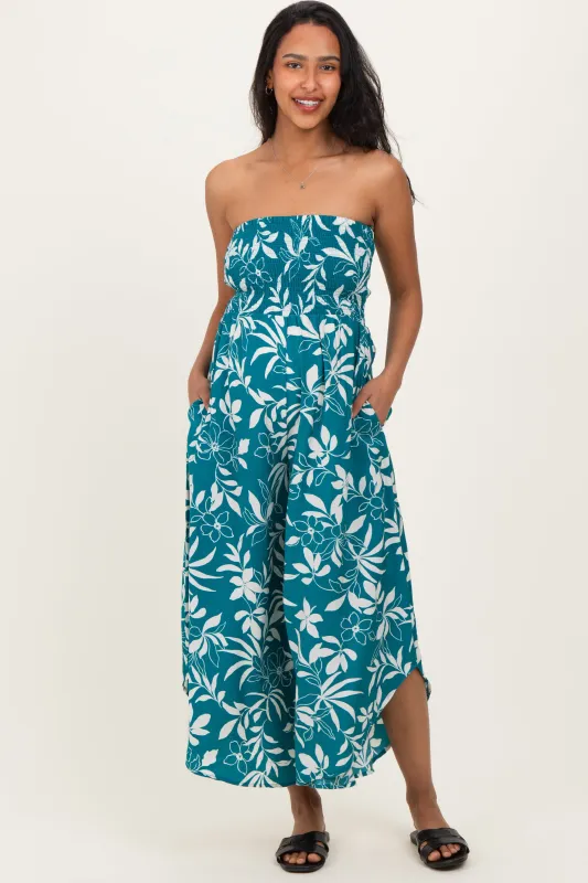 Teal Floral Strapless Smocked Tulip Leg Maternity Jumpsuit sold by Pinkblush