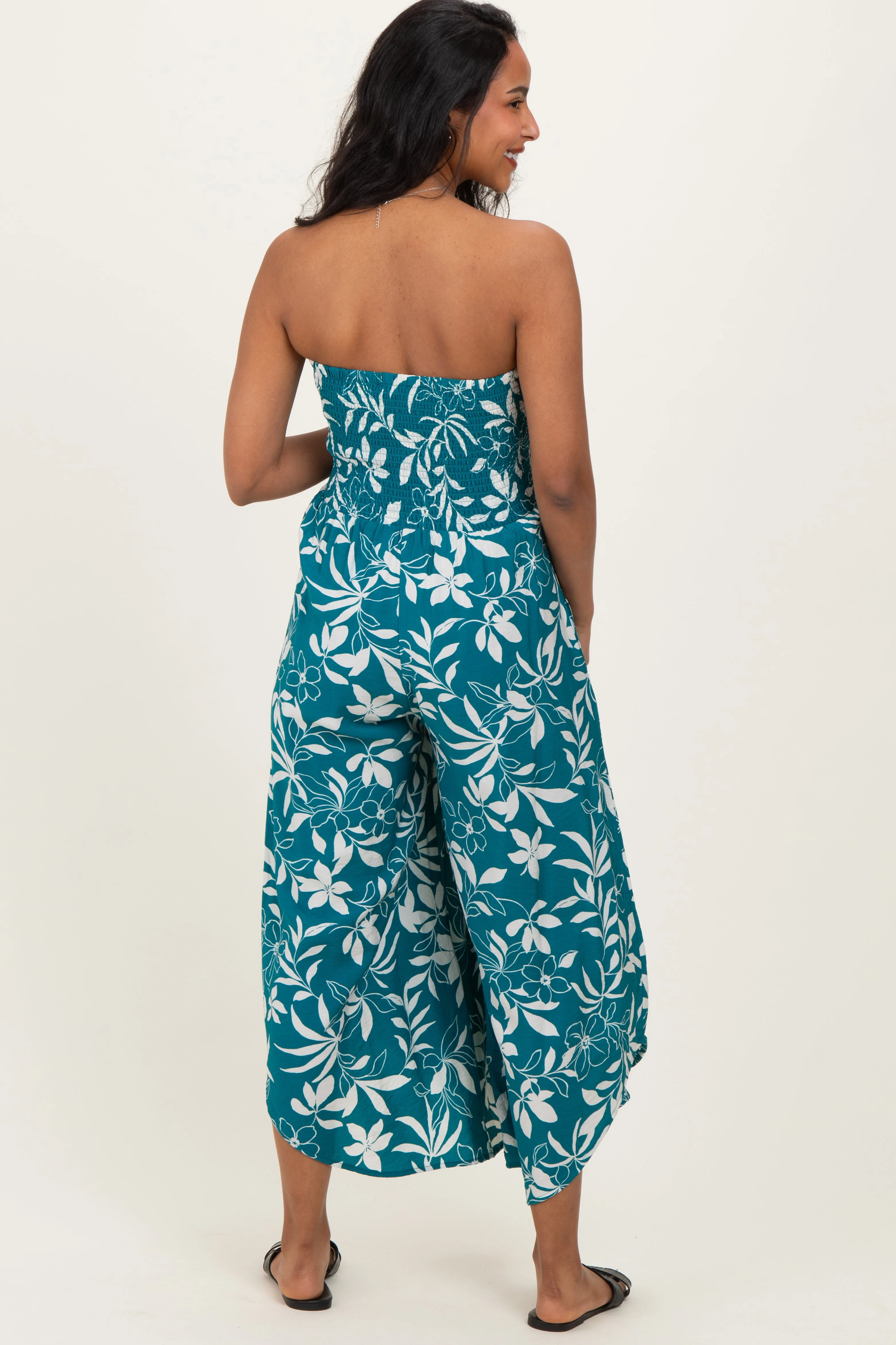 Teal Floral Strapless Smocked Tulip Leg Maternity Jumpsuit sold by Pinkblush product image thumbnail 3