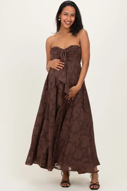 Brown Floral Jacquard Strapless Open Back Maternity Maxi Dress sold by Pinkblush