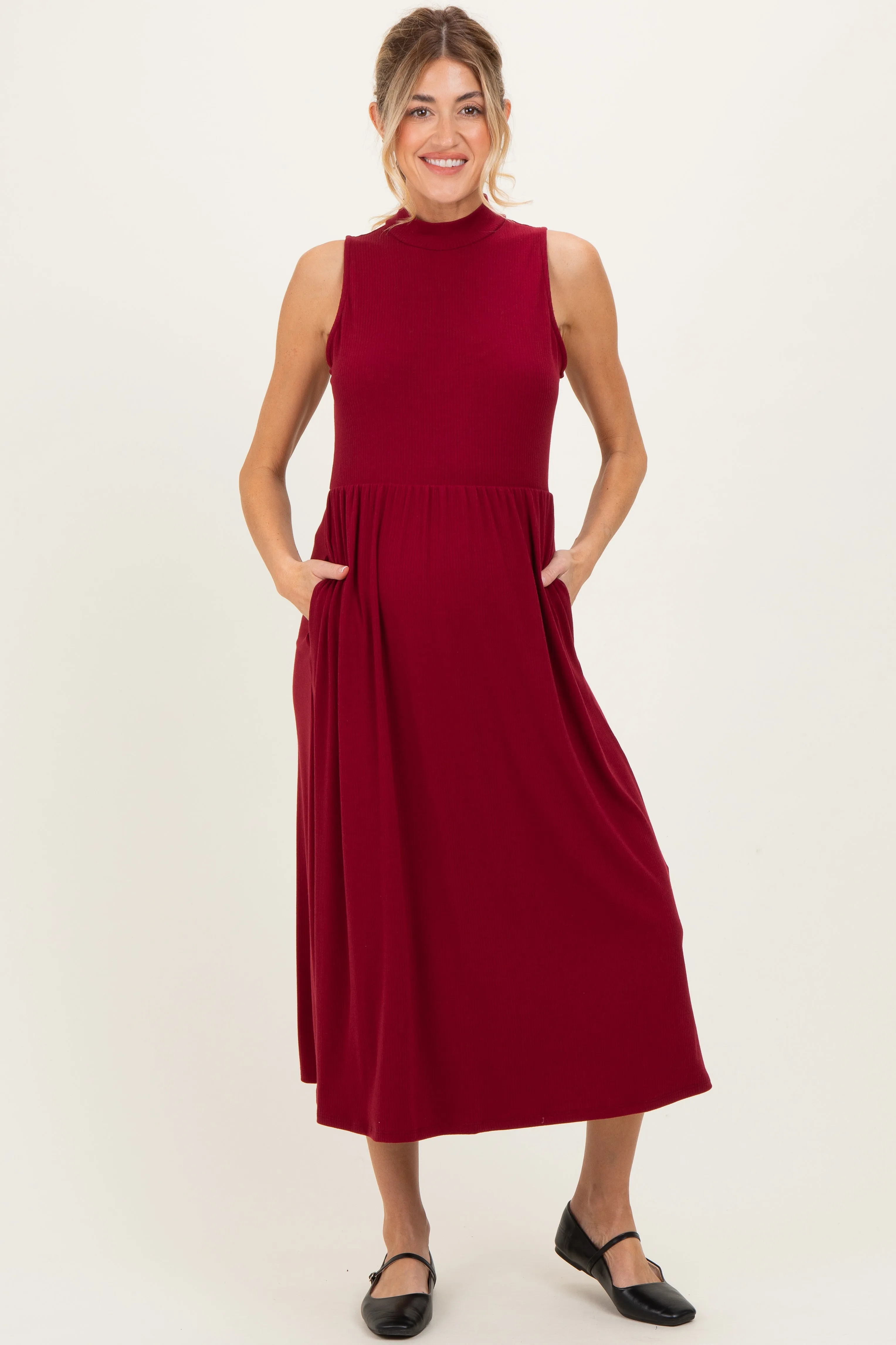 Wine Ribbed Mock Neck Sleeveless Maternity Midi Dress sold by Pinkblush product image thumbnail 2