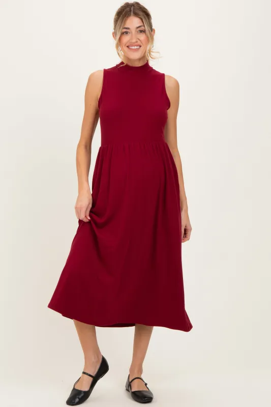 Wine Ribbed Mock Neck Sleeveless Maternity Midi Dress sold by Pinkblush