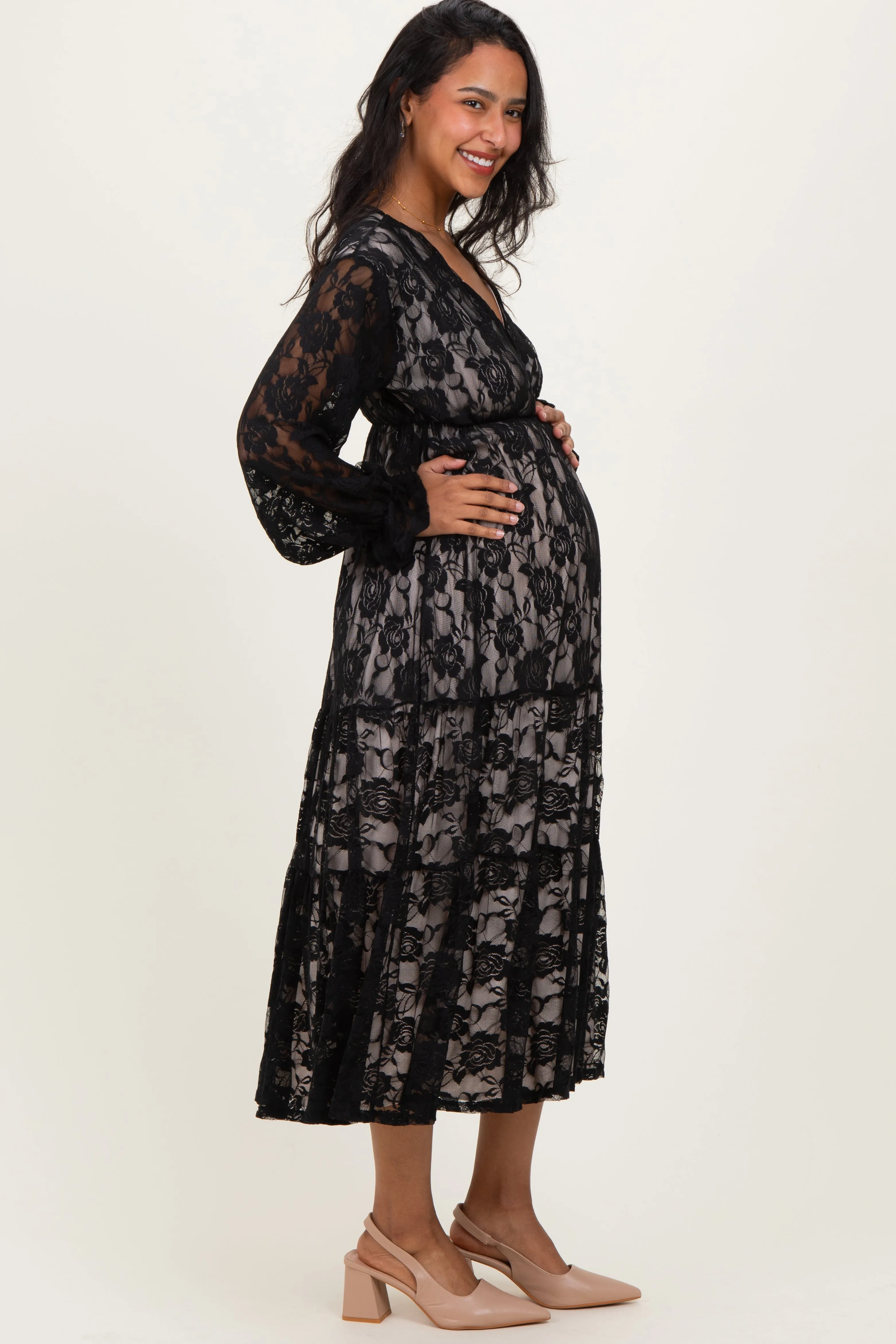Black Floral Lace Long Sleeve V-Neck Maternity Maxi Dress sold by Pinkblush product image thumbnail 2
