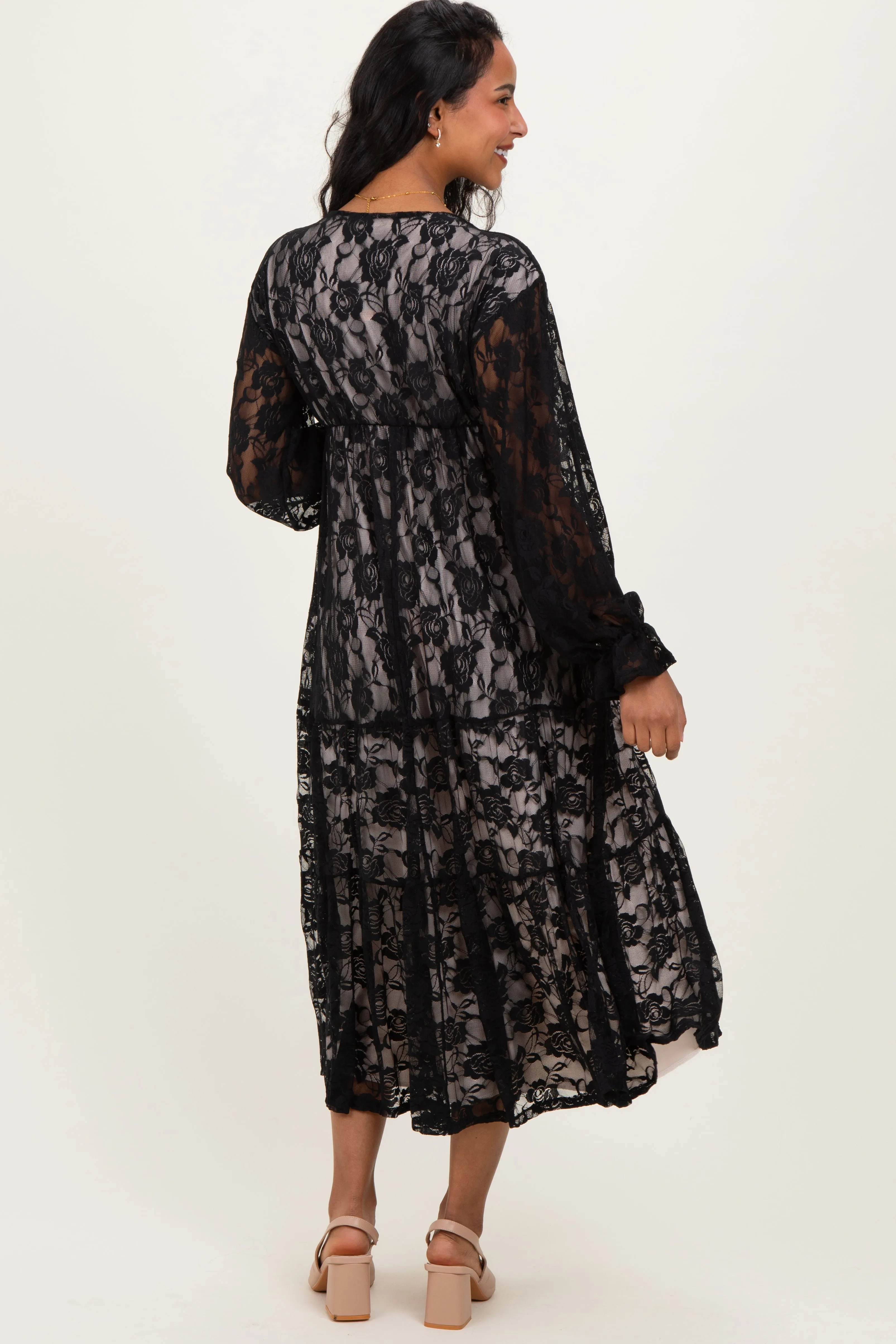 Black Floral Lace Long Sleeve V-Neck Maternity Maxi Dress sold by Pinkblush product image thumbnail 3