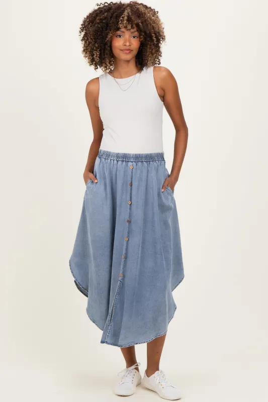 Blue Chambray Tulip Hem Maternity Midi Skirt sold by Pinkblush