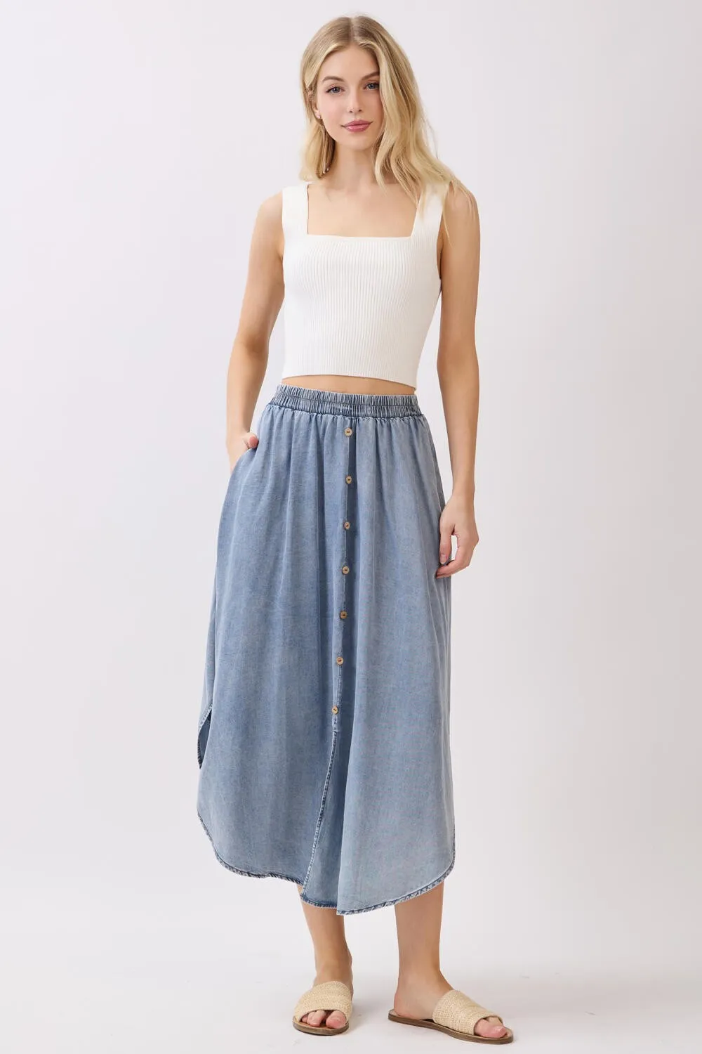 Blue Chambray Tulip Hem Maternity Midi Skirt sold by Pinkblush product image thumbnail 5