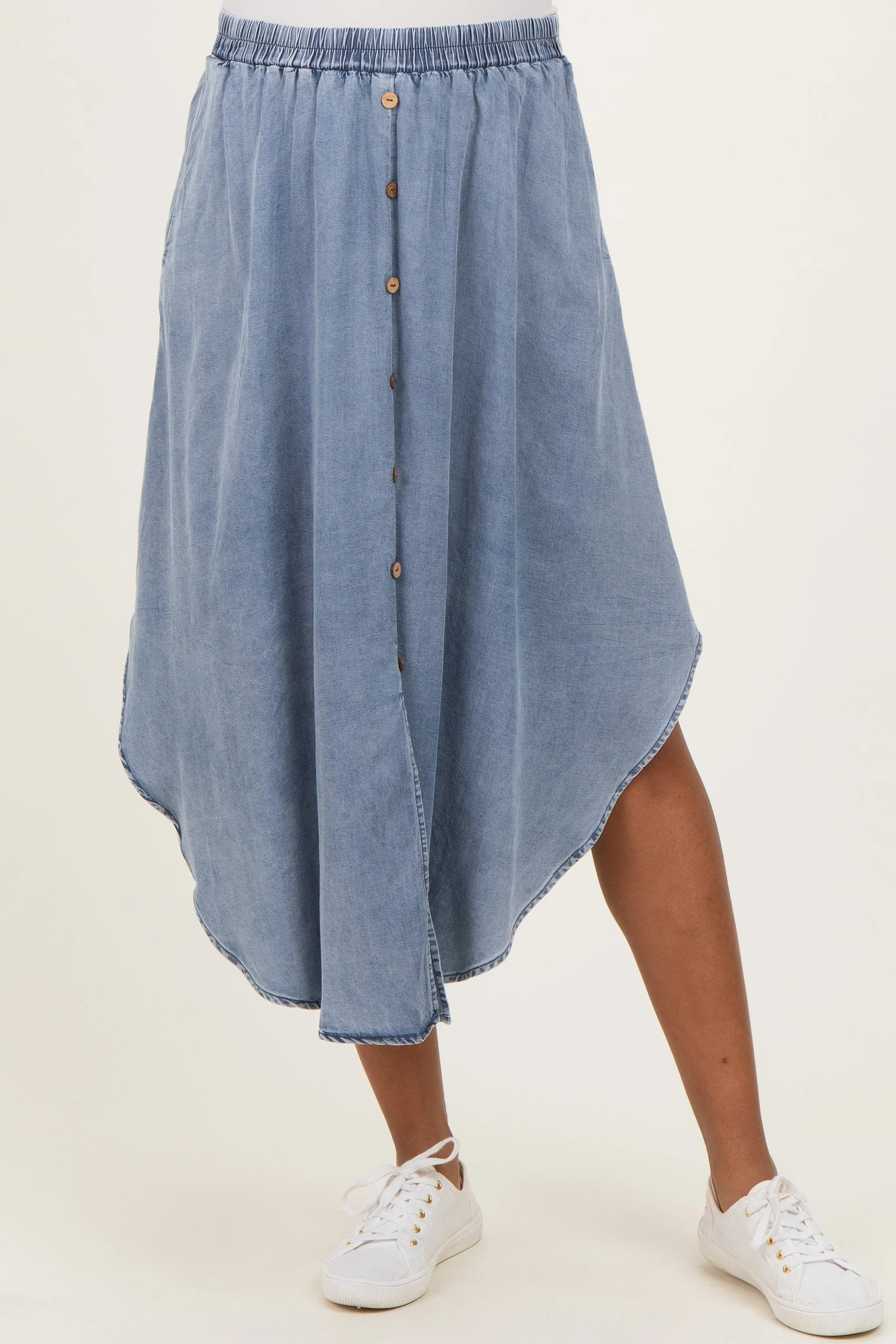 Blue Chambray Tulip Hem Maternity Midi Skirt sold by Pinkblush product image thumbnail 2