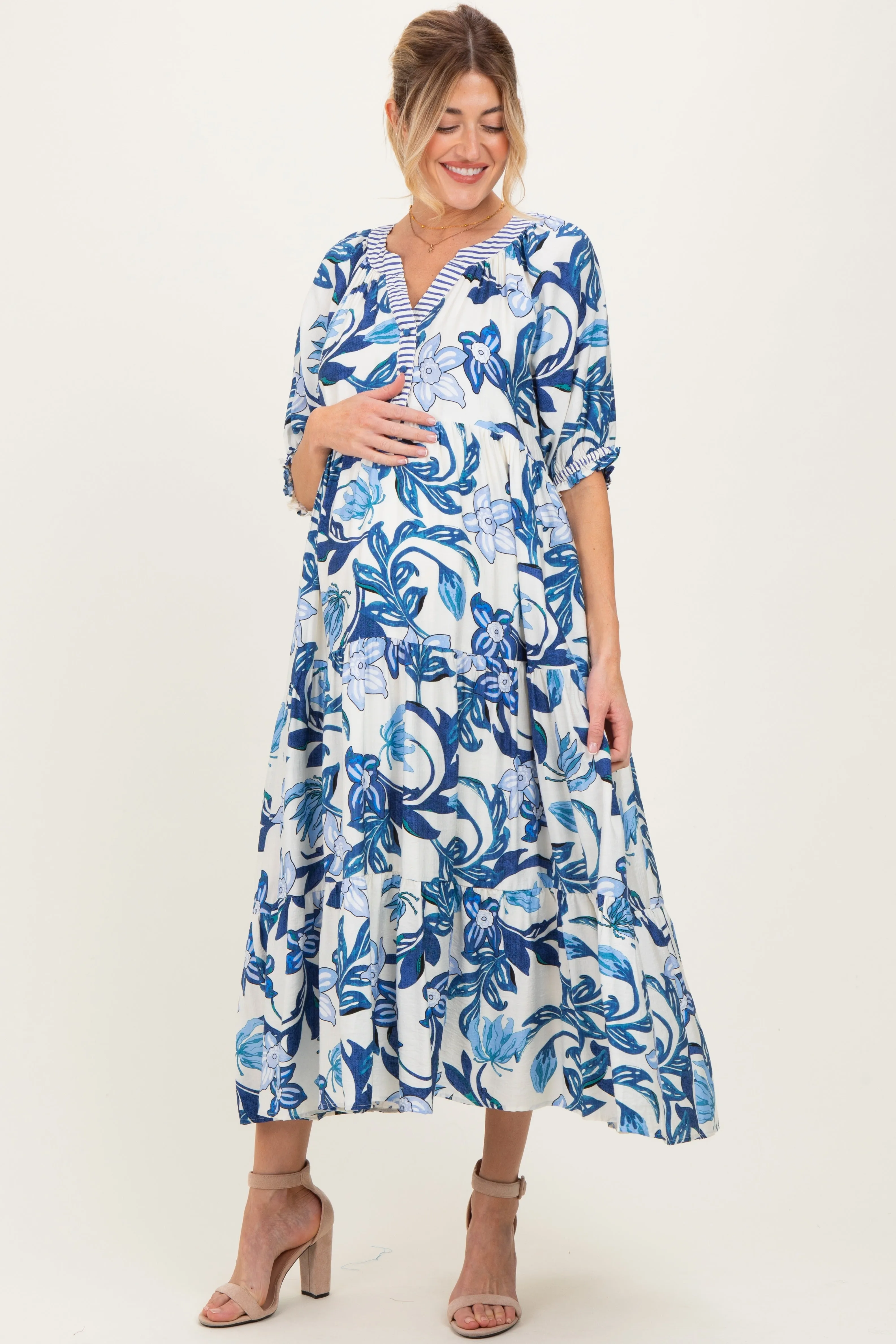 Navy Tropical Floral Tiered Maternity Midi Dress sold by Pinkblush