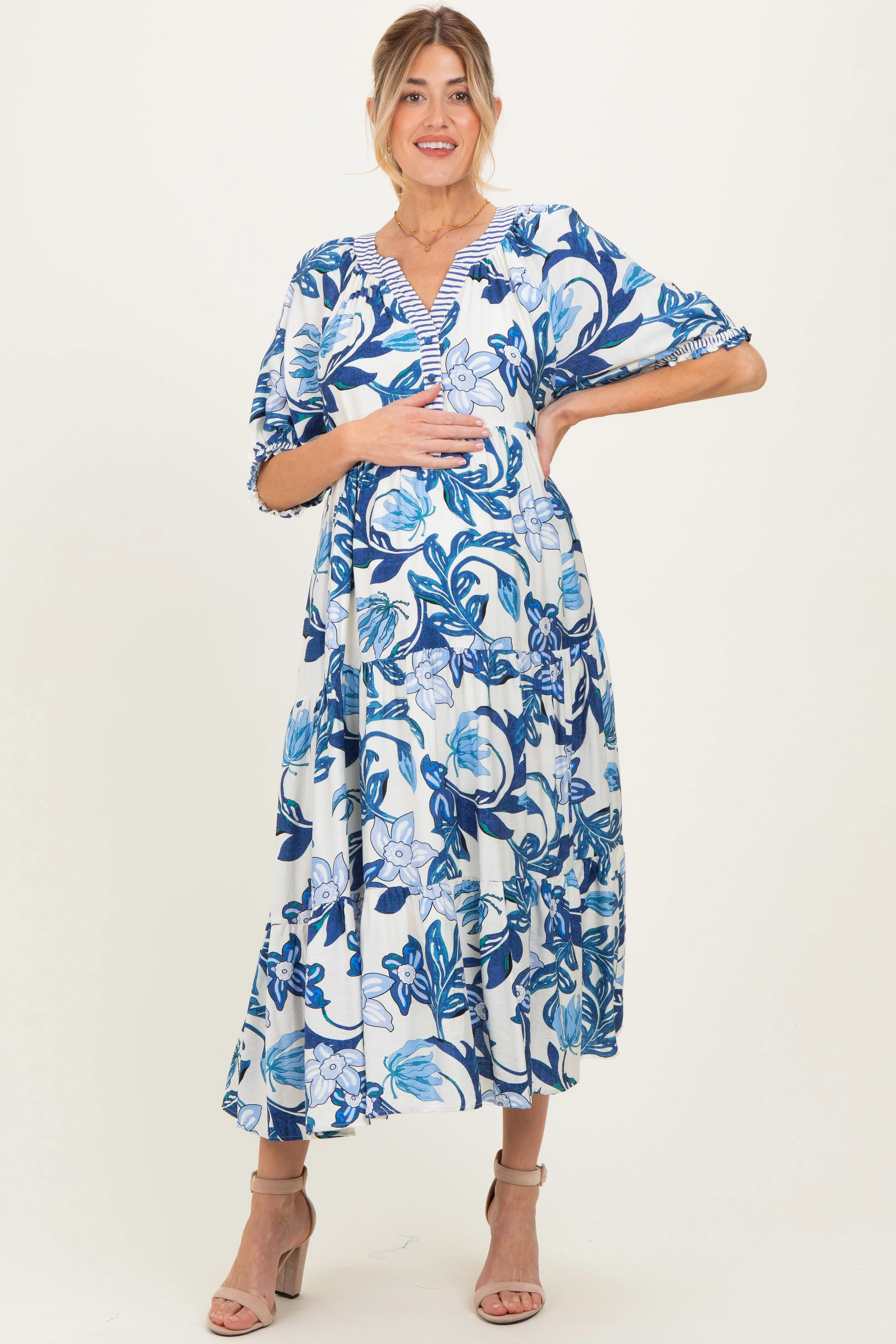 Navy Tropical Floral Tiered Maternity Midi Dress sold by Pinkblush product image thumbnail 2