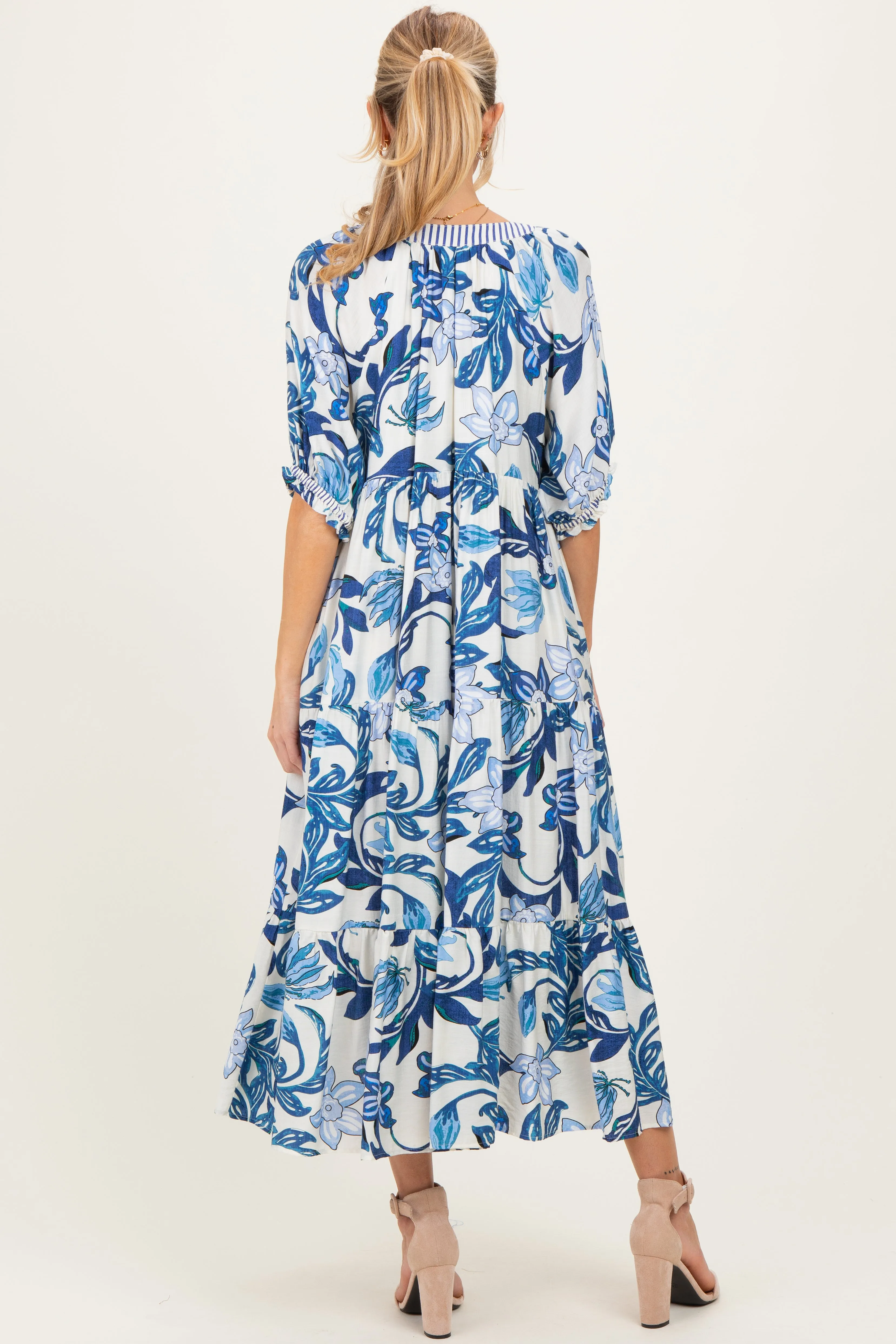 Navy Tropical Floral Tiered Maternity Midi Dress sold by Pinkblush product image thumbnail 3