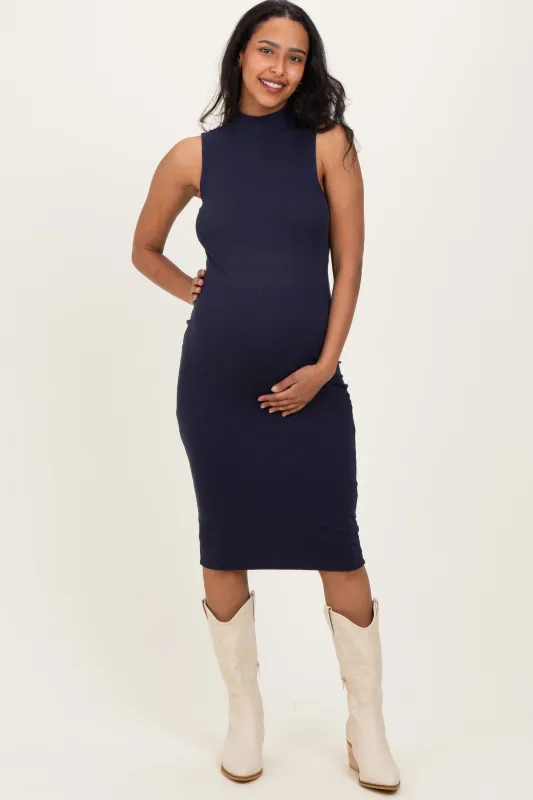 Navy Ribbed Mock Neck Maternity Midi Dress sold by Pinkblush
