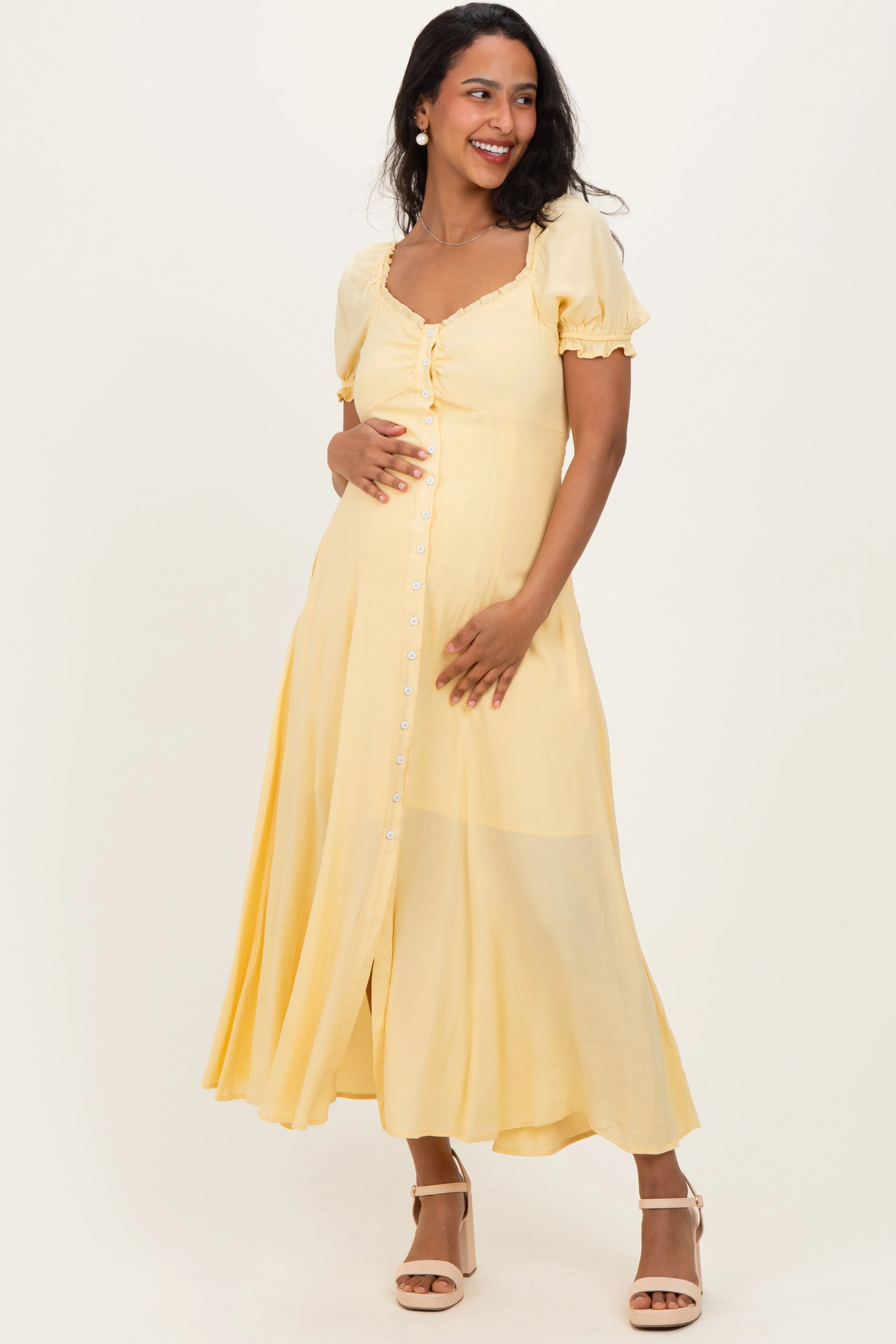 Lemon Button Down Ruffle Trim Maternity Maxi Dress sold by Pinkblush