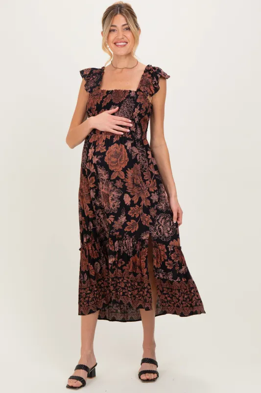 Black Floral Smocked Flutter Sleeve Maternity Midi Dress sold by Pinkblush