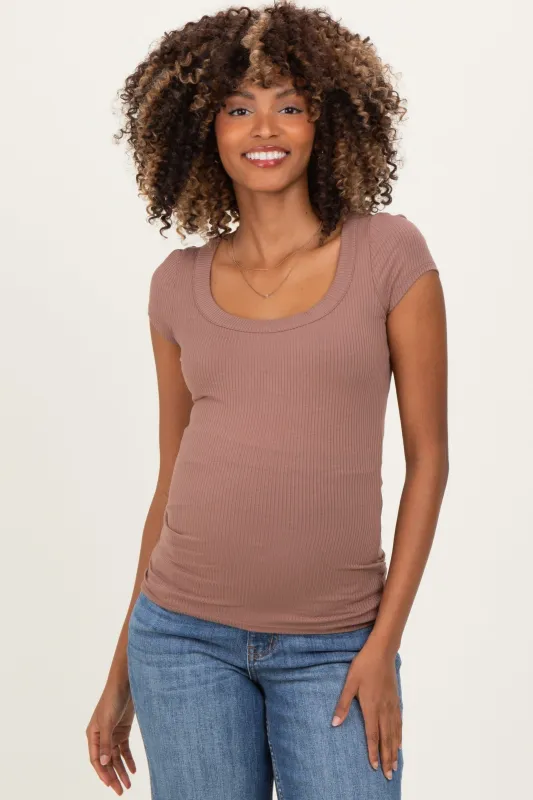 Mocha Ribbed Rounded Square Neck Maternity Top sold by Pinkblush