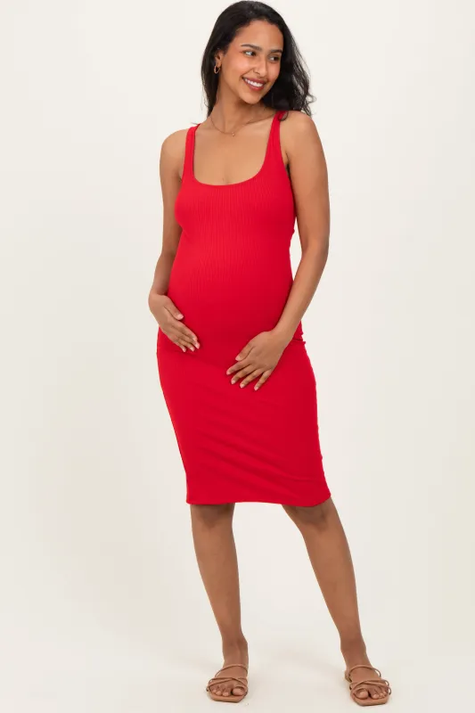 Red Ribbed Square Neck Maternity Tank Dress sold by Pinkblush