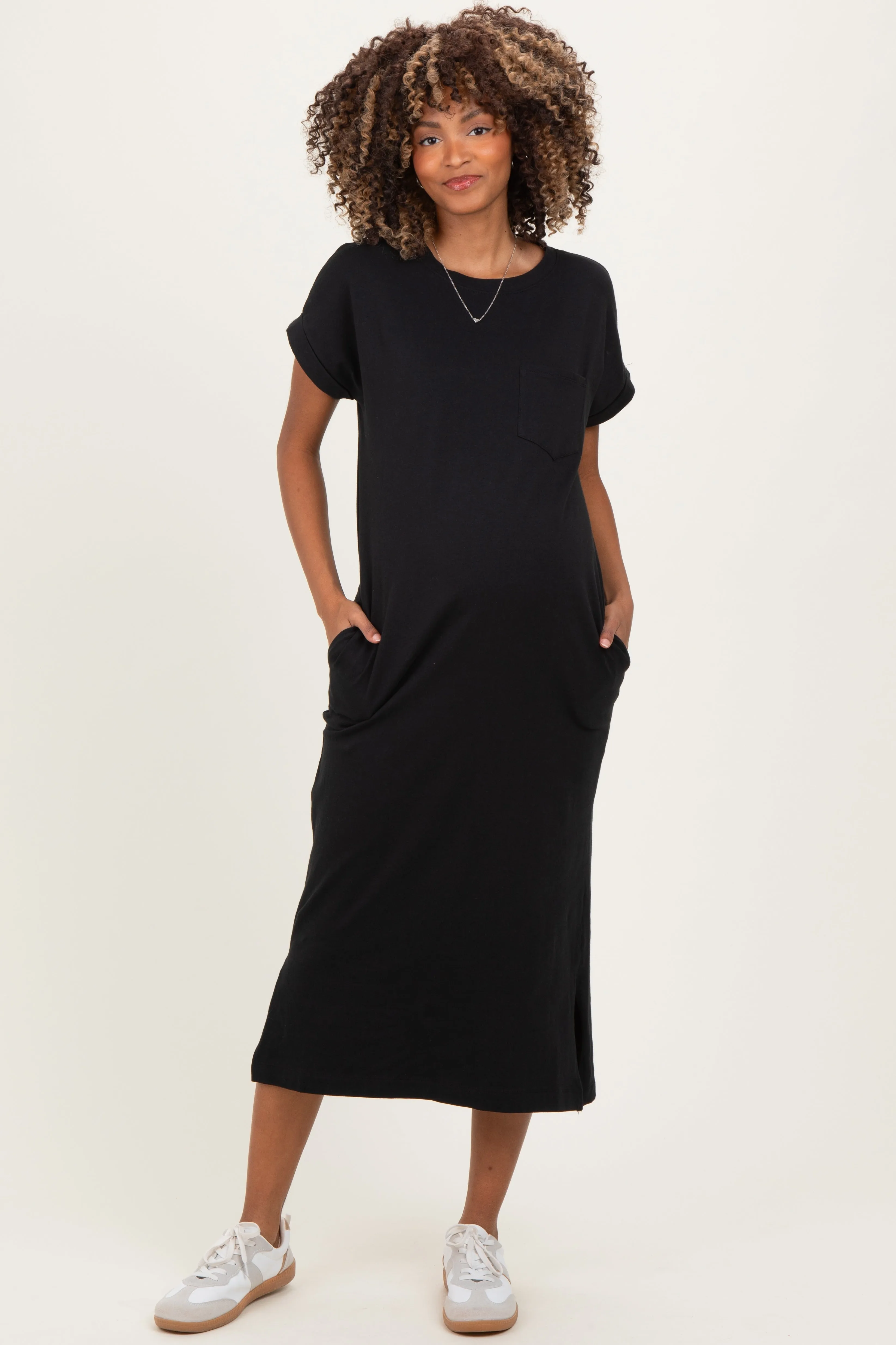 Black Pocket Front Maternity Midi T-Shirt Dress sold by Pinkblush