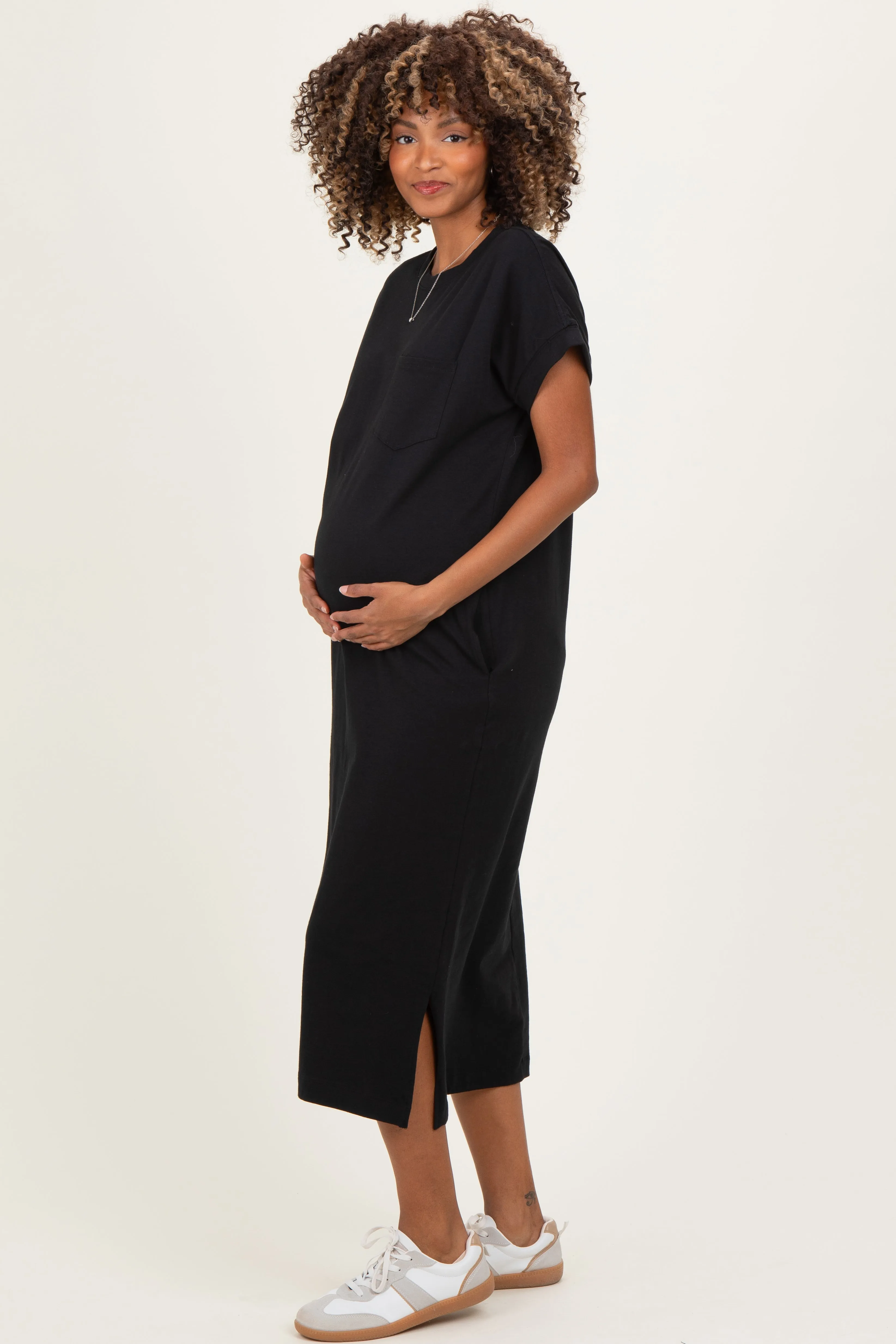 Black Pocket Front Maternity Midi T-Shirt Dress sold by Pinkblush product image thumbnail 2