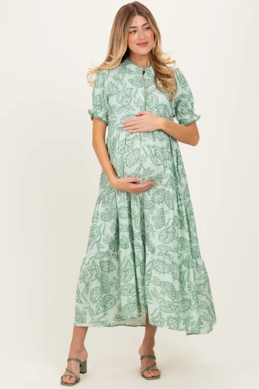 Light Sage Paisley Print Tiered Maternity Midi Dress sold by Pinkblush