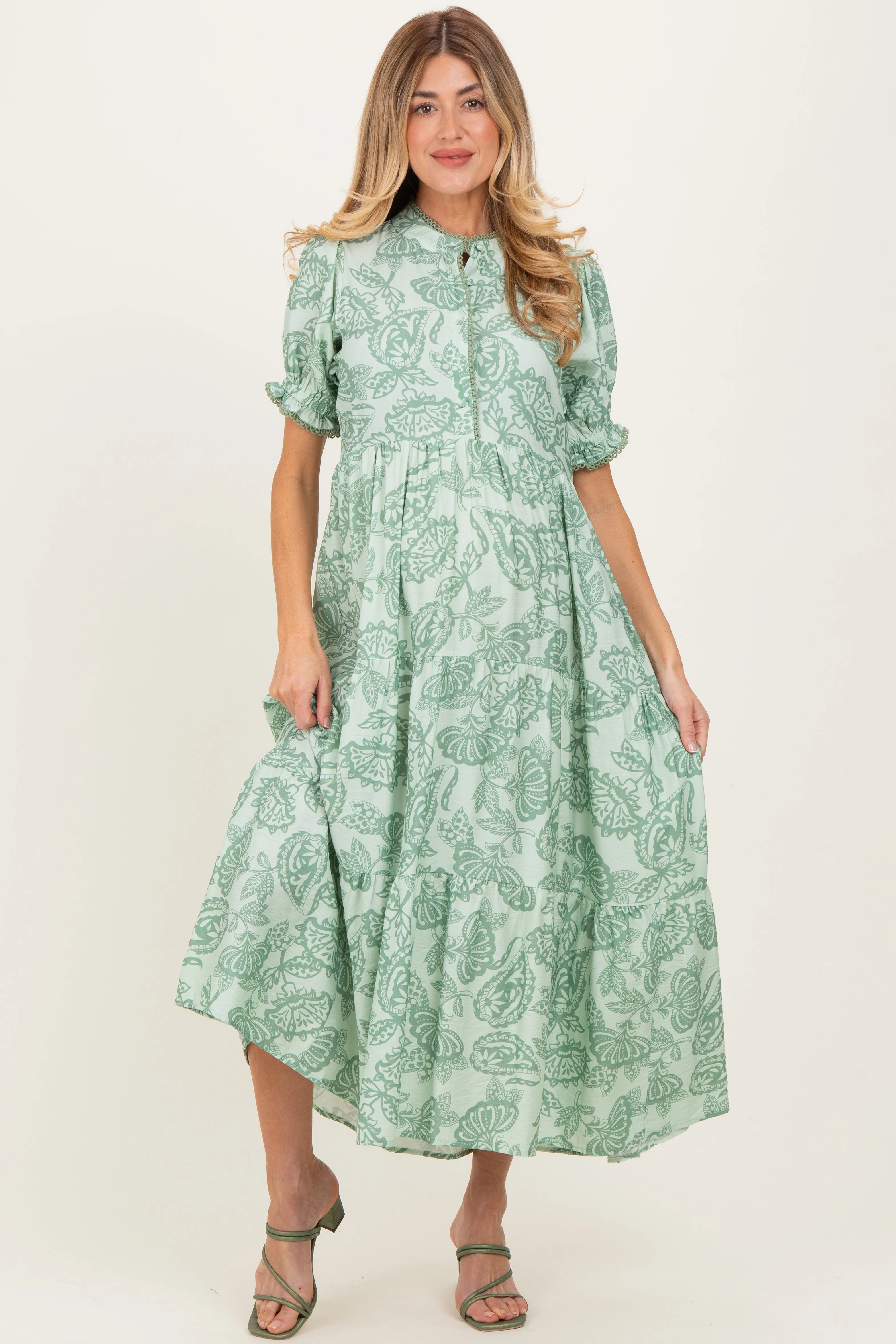 Light Sage Paisley Print Tiered Maternity Midi Dress sold by Pinkblush product image thumbnail 2