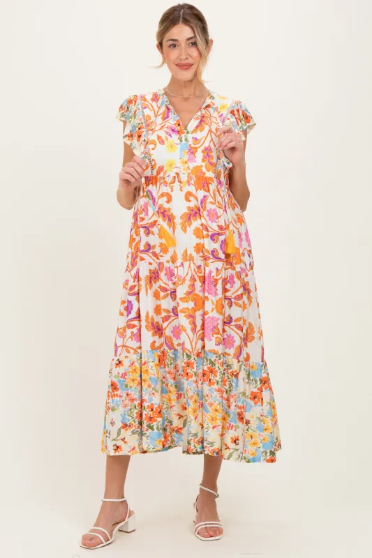 Orange Colorblock Floral Tassel Front Tie Maternity Dress sold by Pinkblush
