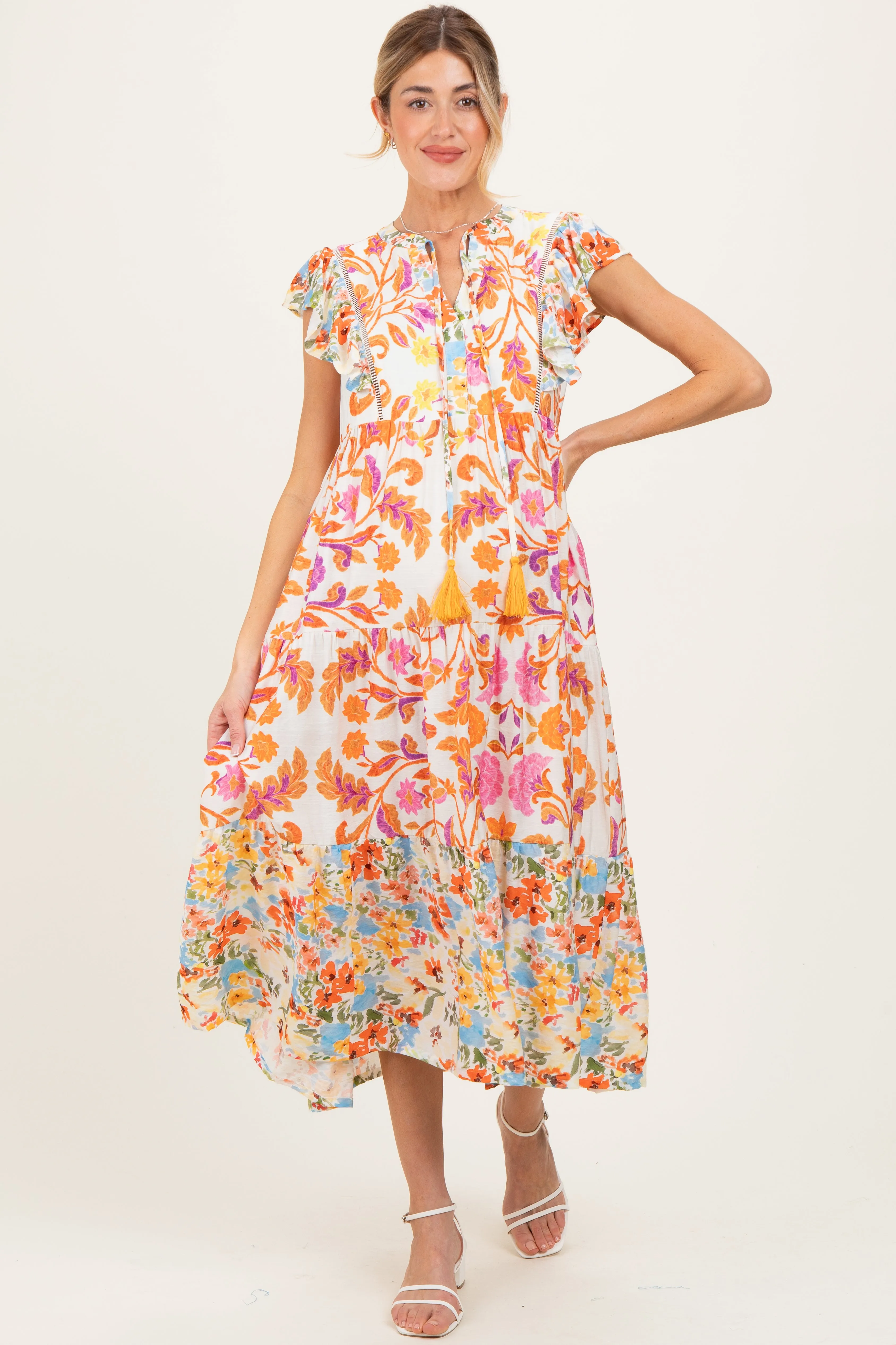 Orange Colorblock Floral Tassel Front Tie Maternity Dress sold by Pinkblush product image thumbnail 2